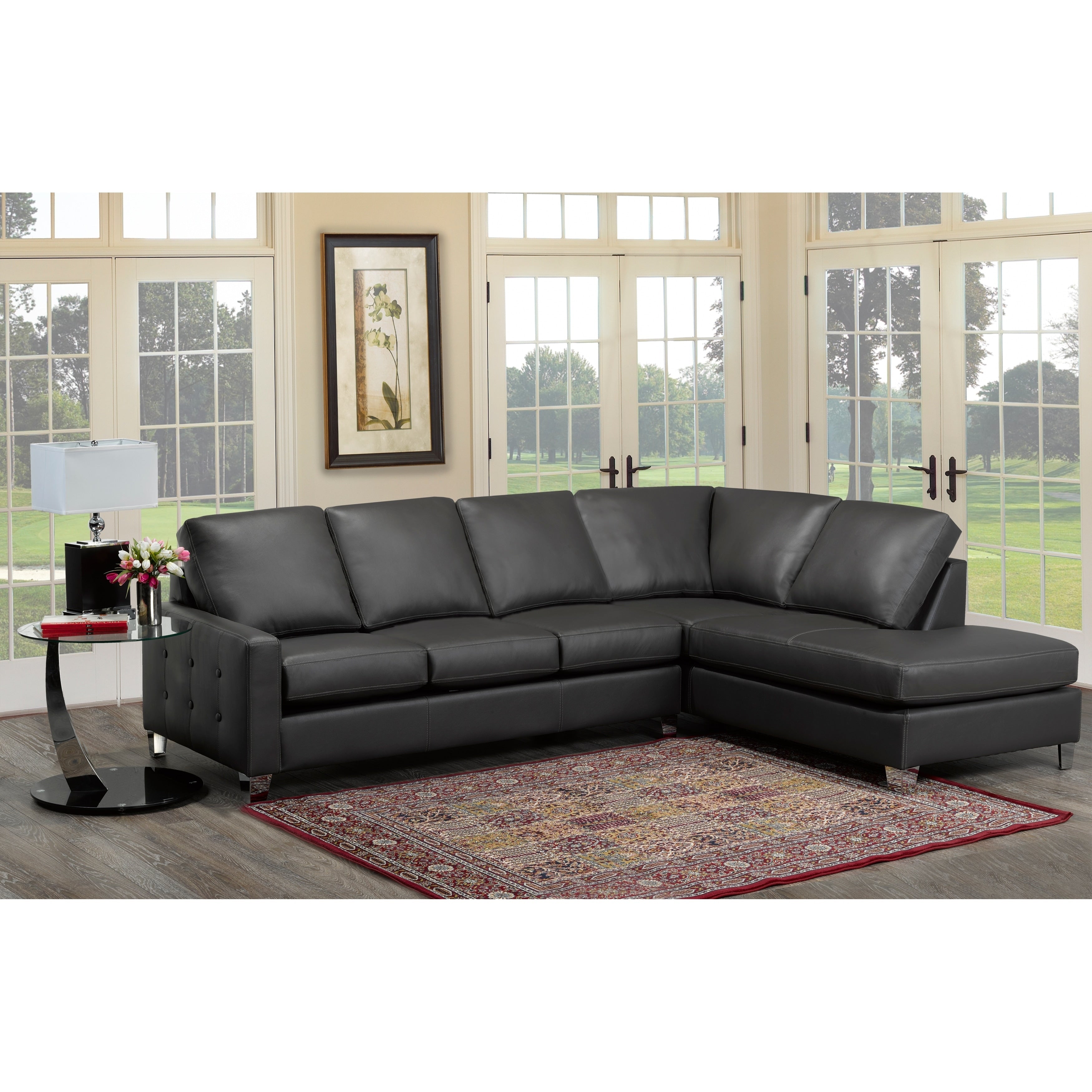 Cy Dark Grey Top Grain Italian Leather Tufted Sectional Sofa