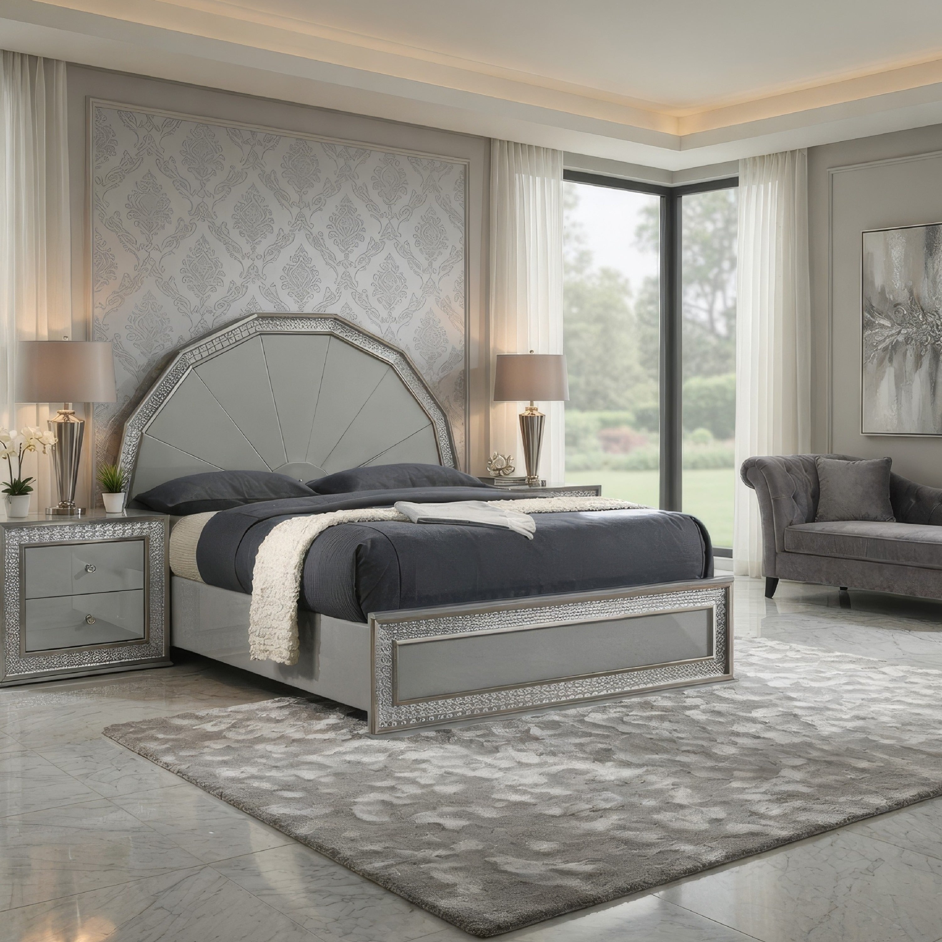 Cyl King Bed Metallic Gray Scale Molded Trim Rubberwood Led Lit