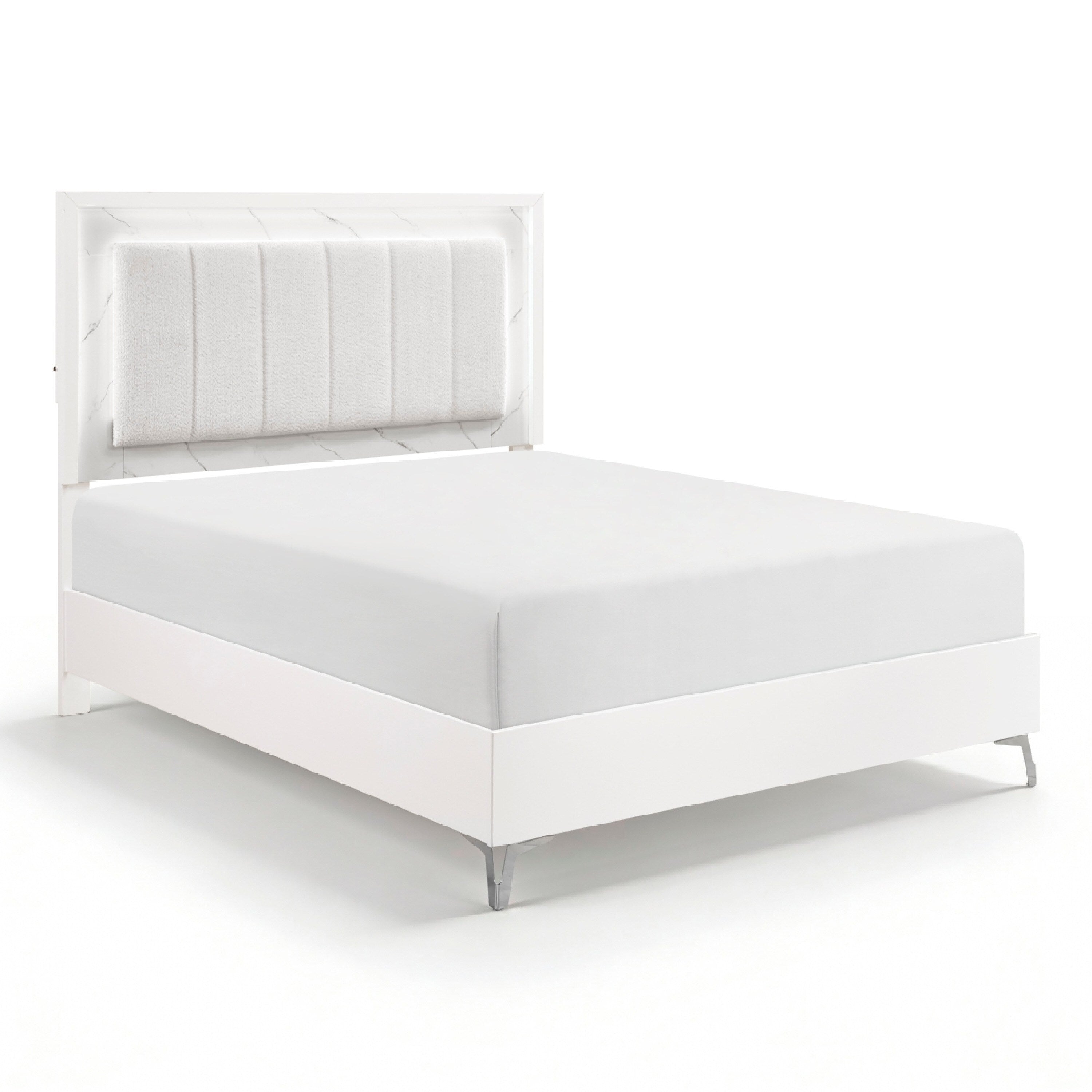 Cyna Queen Size Bed Chenille Tufted Headboard And Led Lighting White
