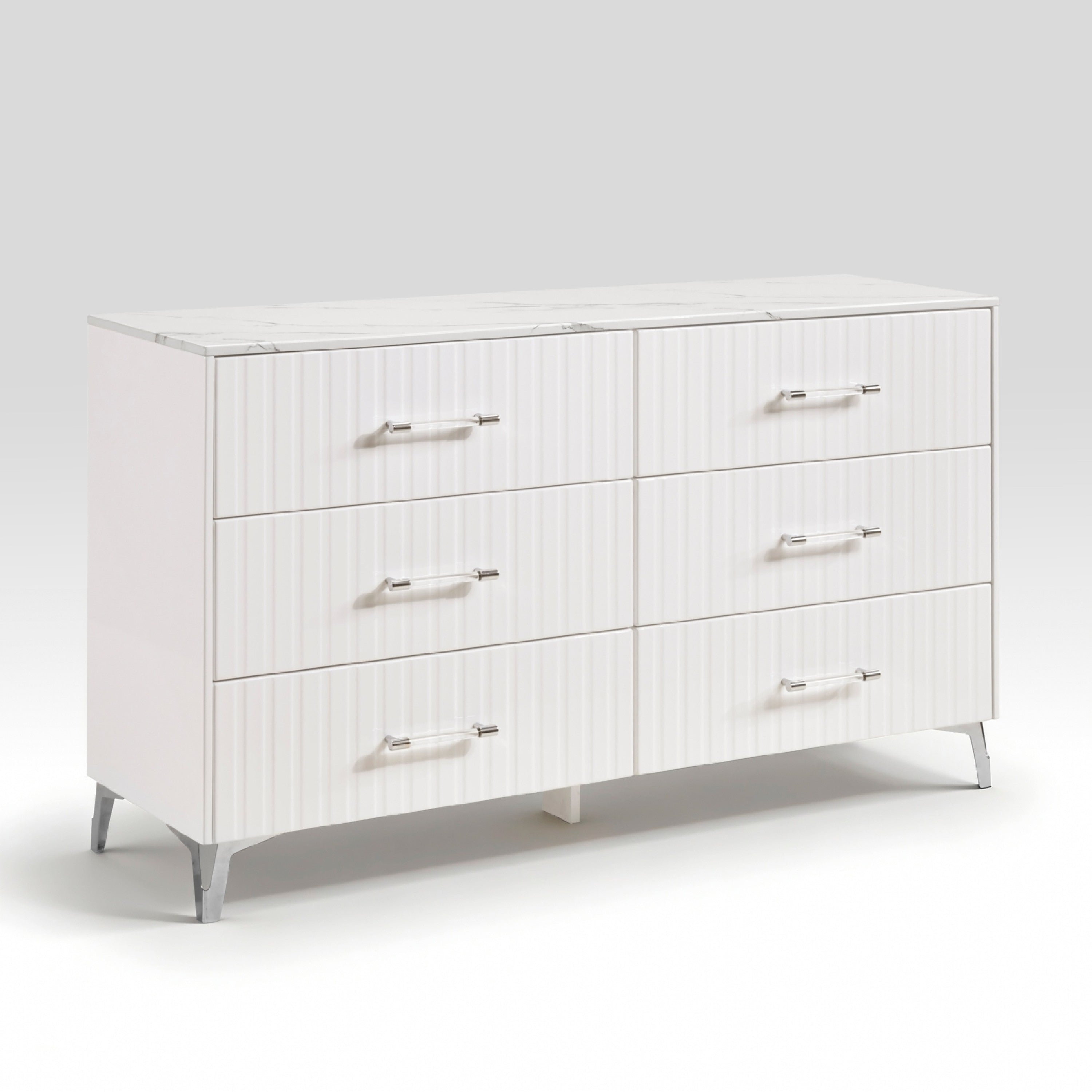Cyna Wide Dresser Faux Marble Top 6 Drawers Textured Front White