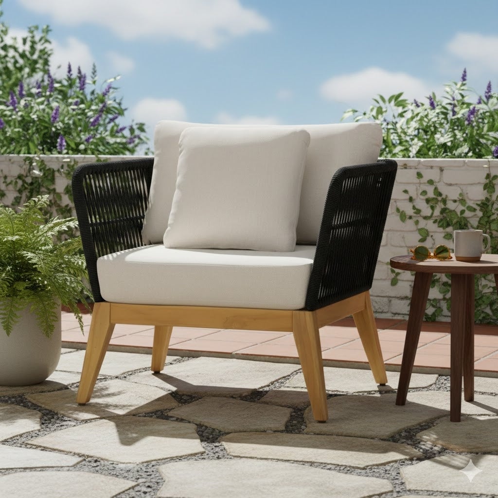 Cypress Teak Wood Outdoor Arm Chair With Black Rope Design