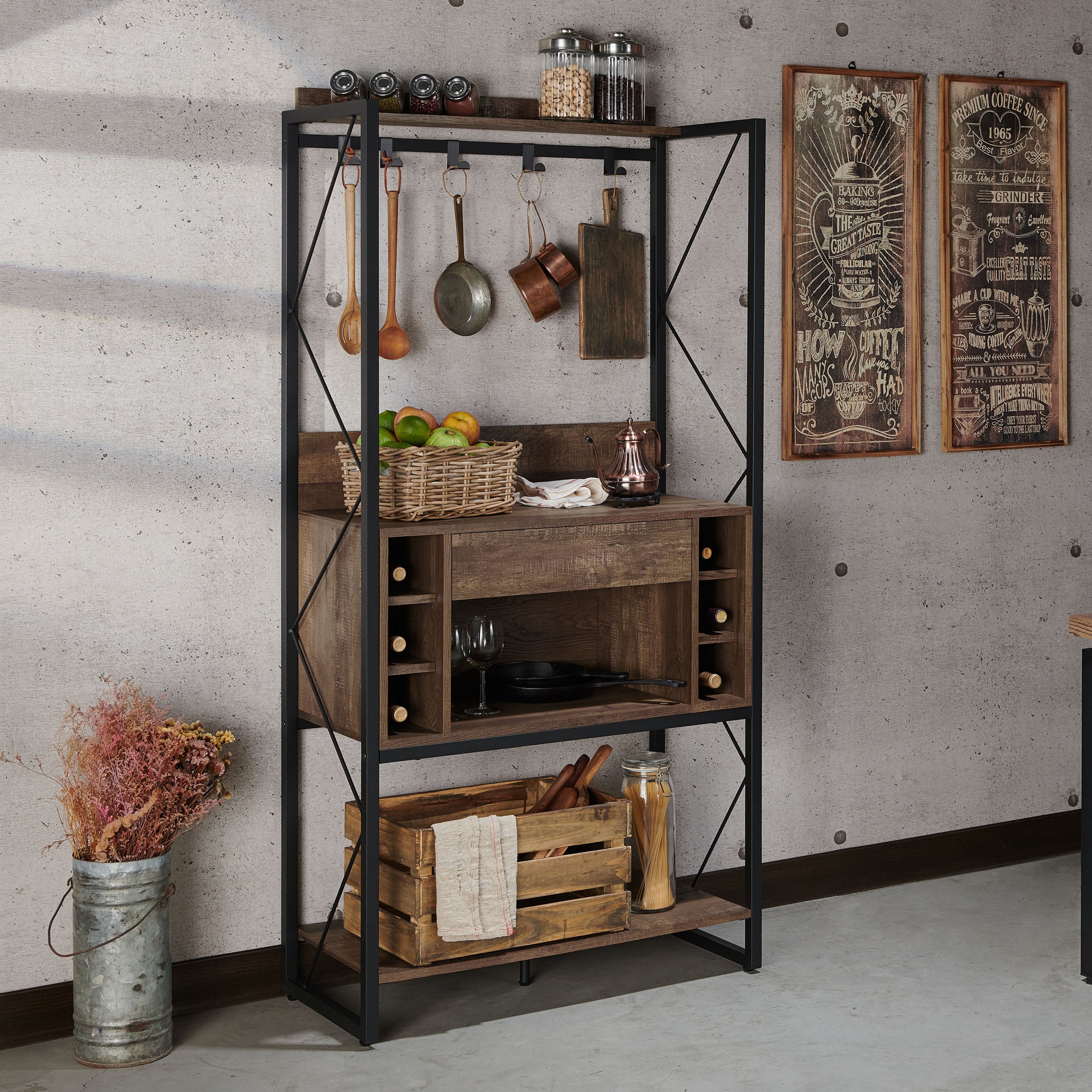 Arthur Industrial Rustic Reclaimed Oak Bakers Rack