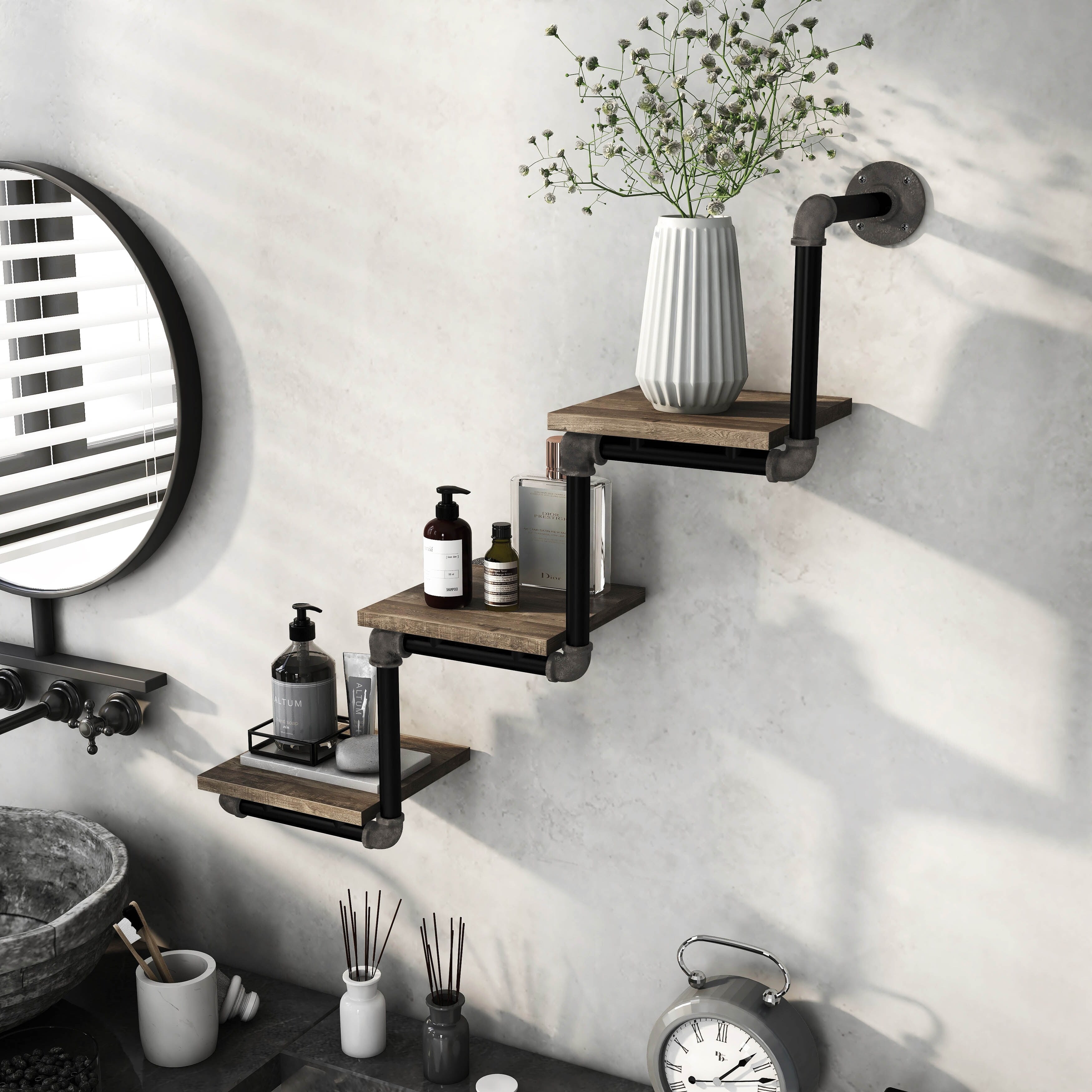 Vittorio Reclaimed Oak Industrial Pipe 3 Tier Wall Shelf