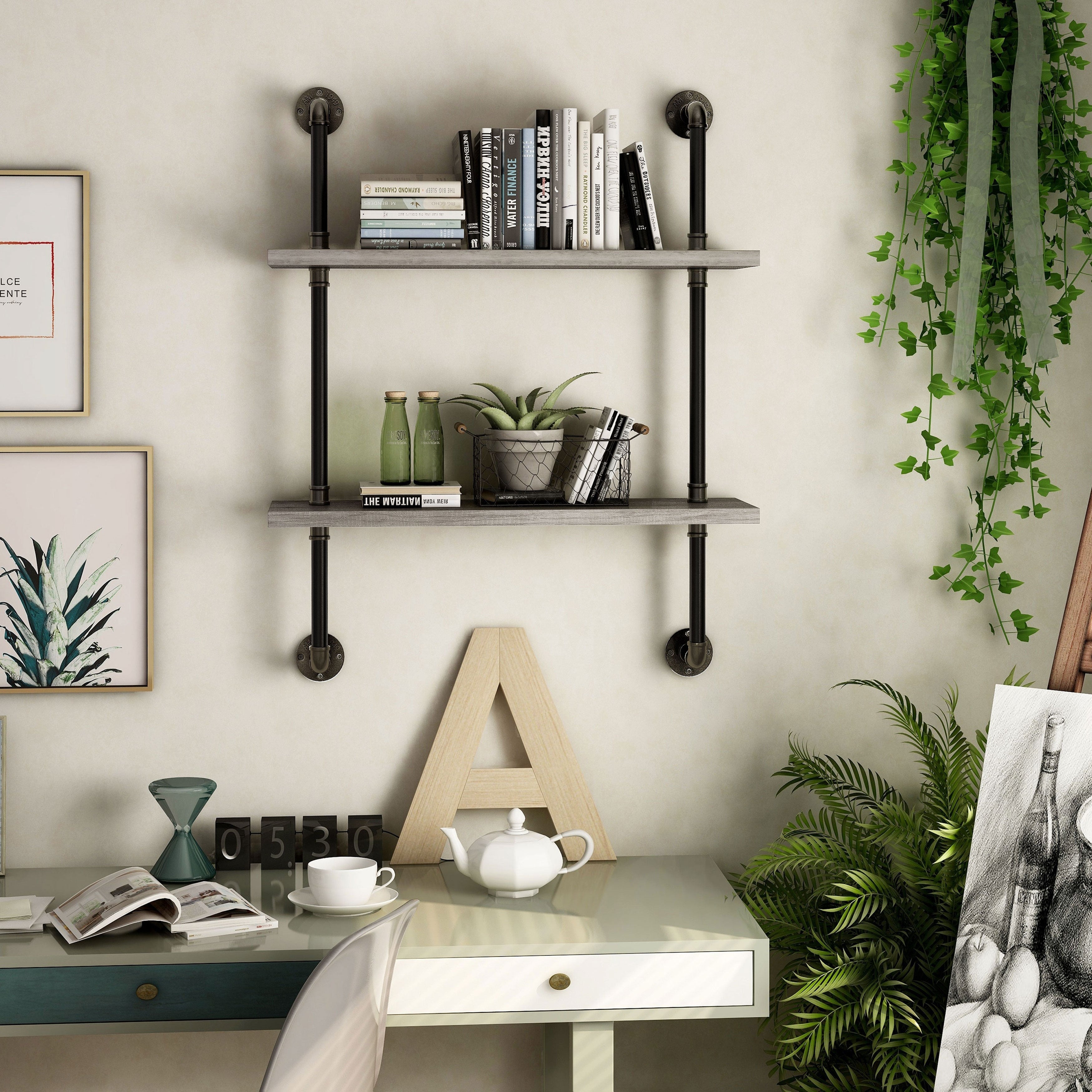 Kadir Industrial Vintage Grey Pipe Wall Shelf
