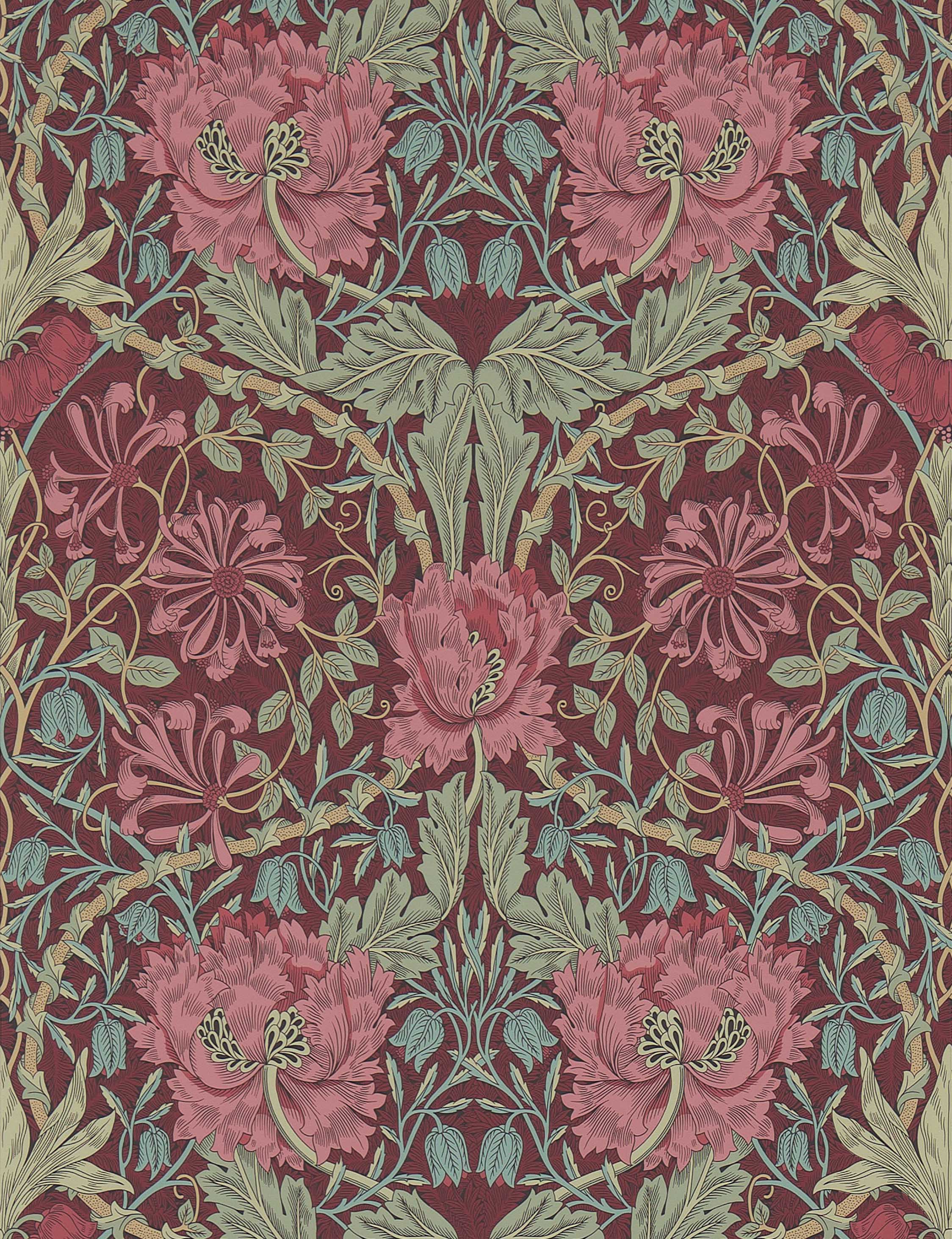 Pure Honeysuckle & Tulip Wallpaper by Morris & Co. Swatch, Burgundy