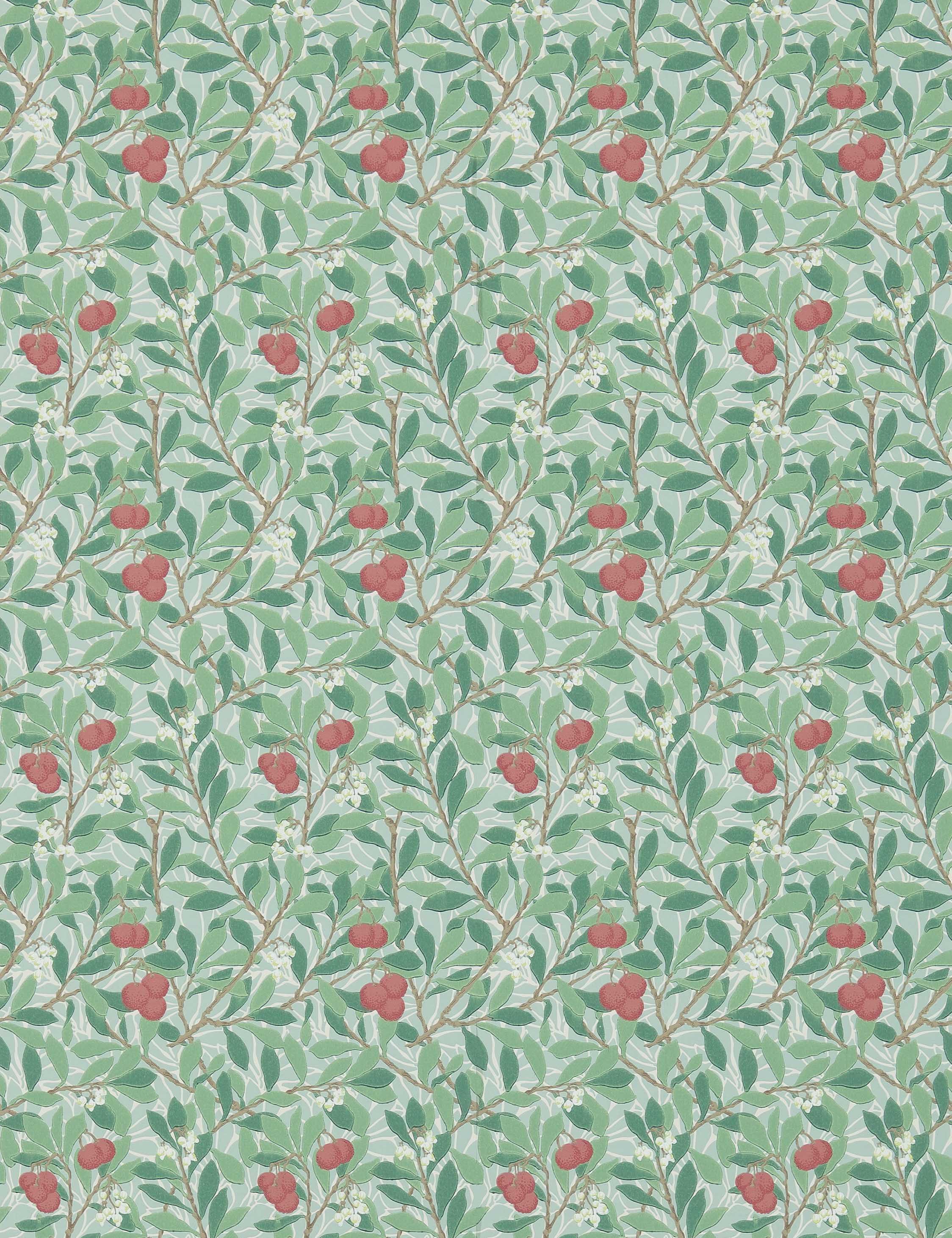 Arbutus Wallpaper by Morris & Co. Swatch, Thyme And Coral