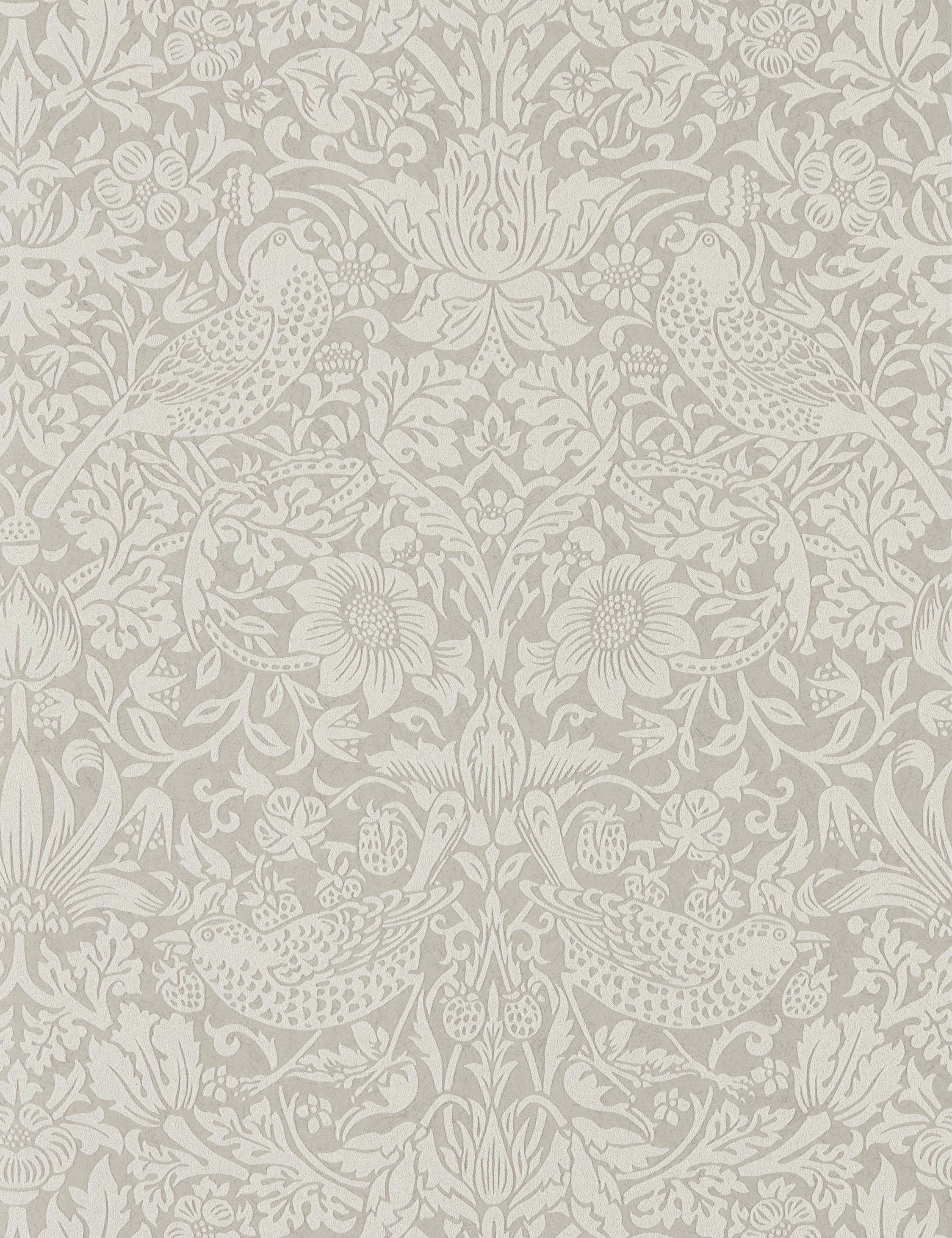 Pure Strawberry Thief Wallpaper by Morris & Co. Swatch, Silver and Stone