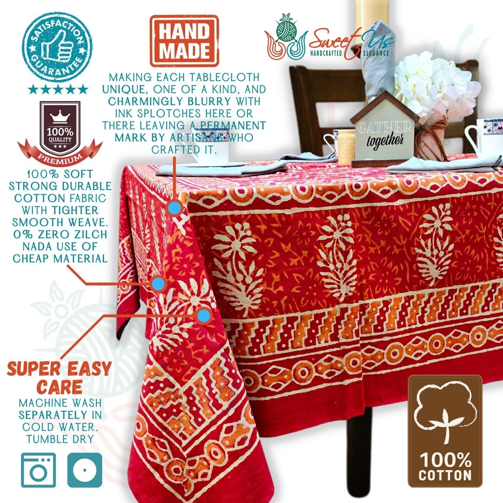 Dabu Floral Hand Block Print Cotton Tablecloth Rectangular Kitchen Table Linen Blue Green Red 60 X 90 Inches