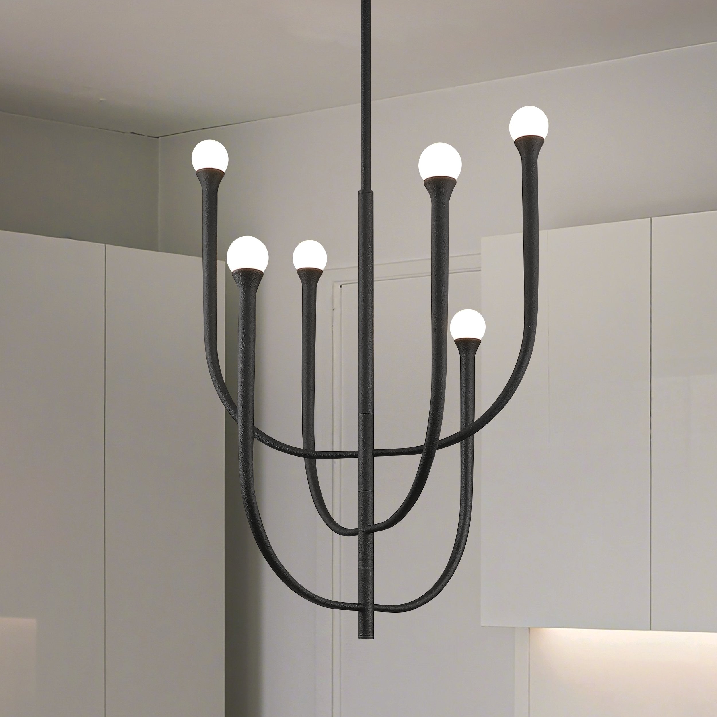 Dahlia 23 Inch 6 Light Plaster Black Chandelier With Opal Glass Shades L 23 X W 23 X H 31.75 X M H 83.75