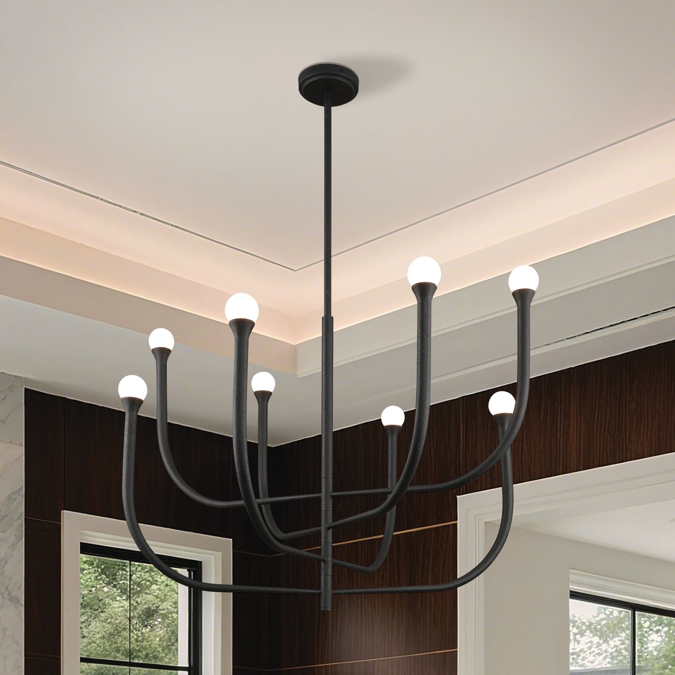 Dahlia 36 Inch 8 Light Plaster Black Chandelier With Opal Glass Shades L 36 X W 36 X H 27 X M H 81