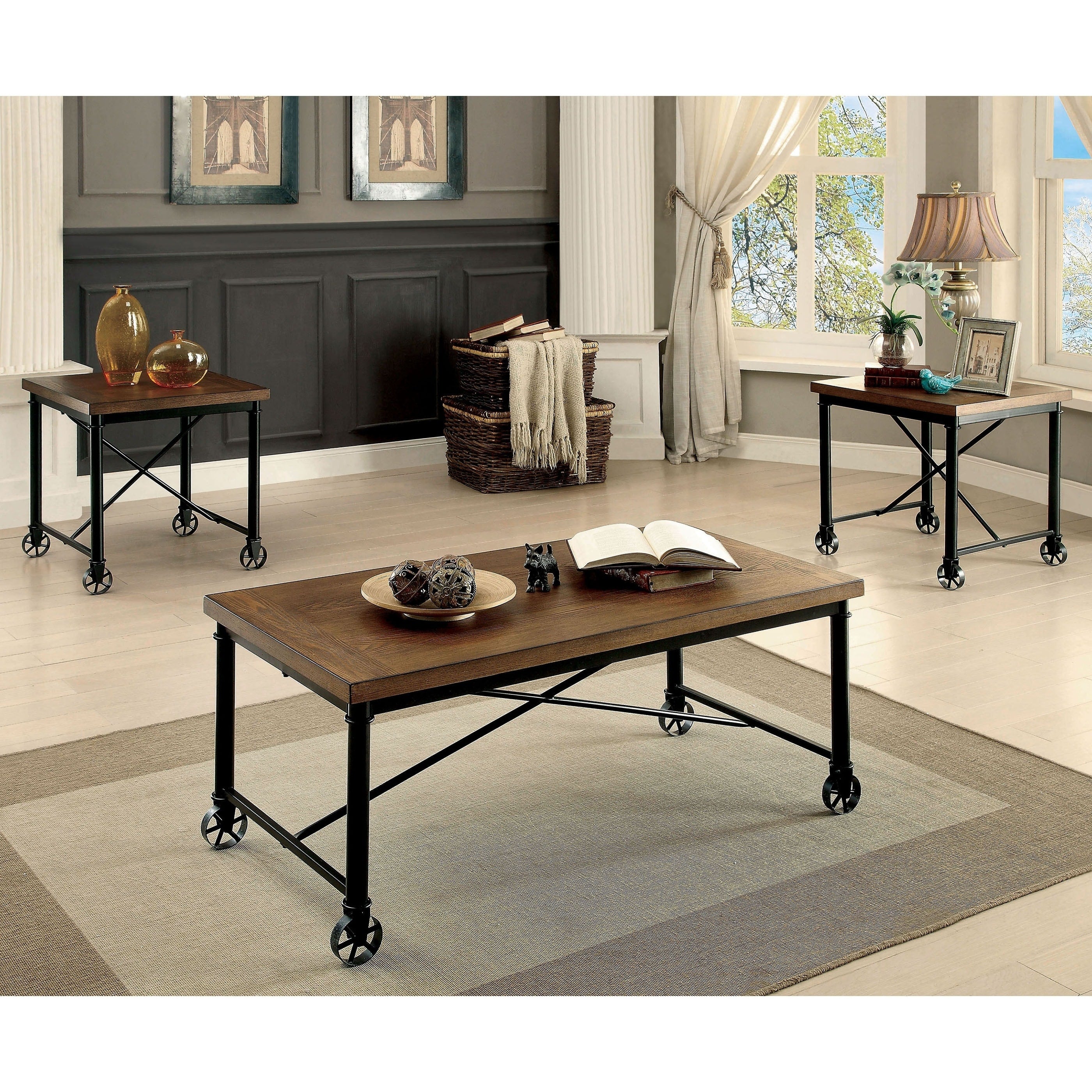 Furniture Of America Daimon Industrial Medium Oak 3 Piece Accent Table Set