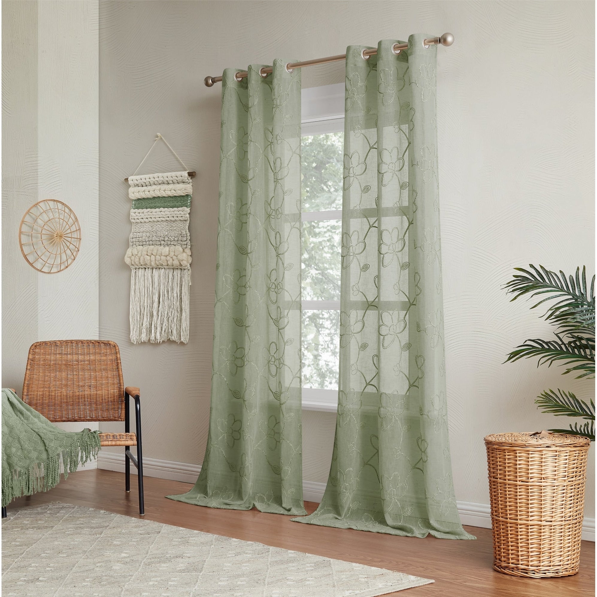 Dainty Home Rita Chenille Floral Embroidered Faux Linen Textured Light Filtering Grommet Curtain Panels Set Of 2 Panels