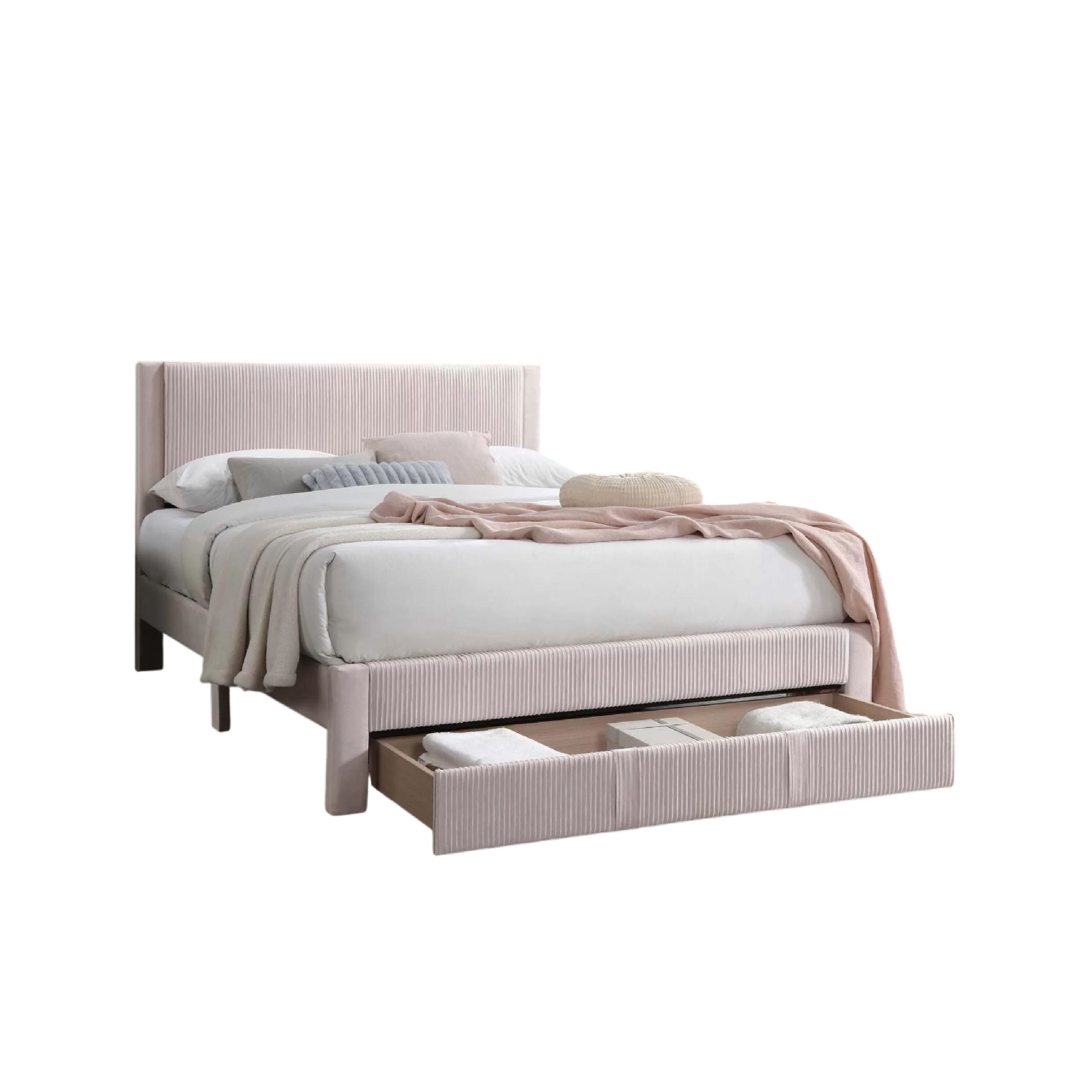 Daisy Full Bed W Drawer Light Pink Corduroy Upholstery Foam Headboard