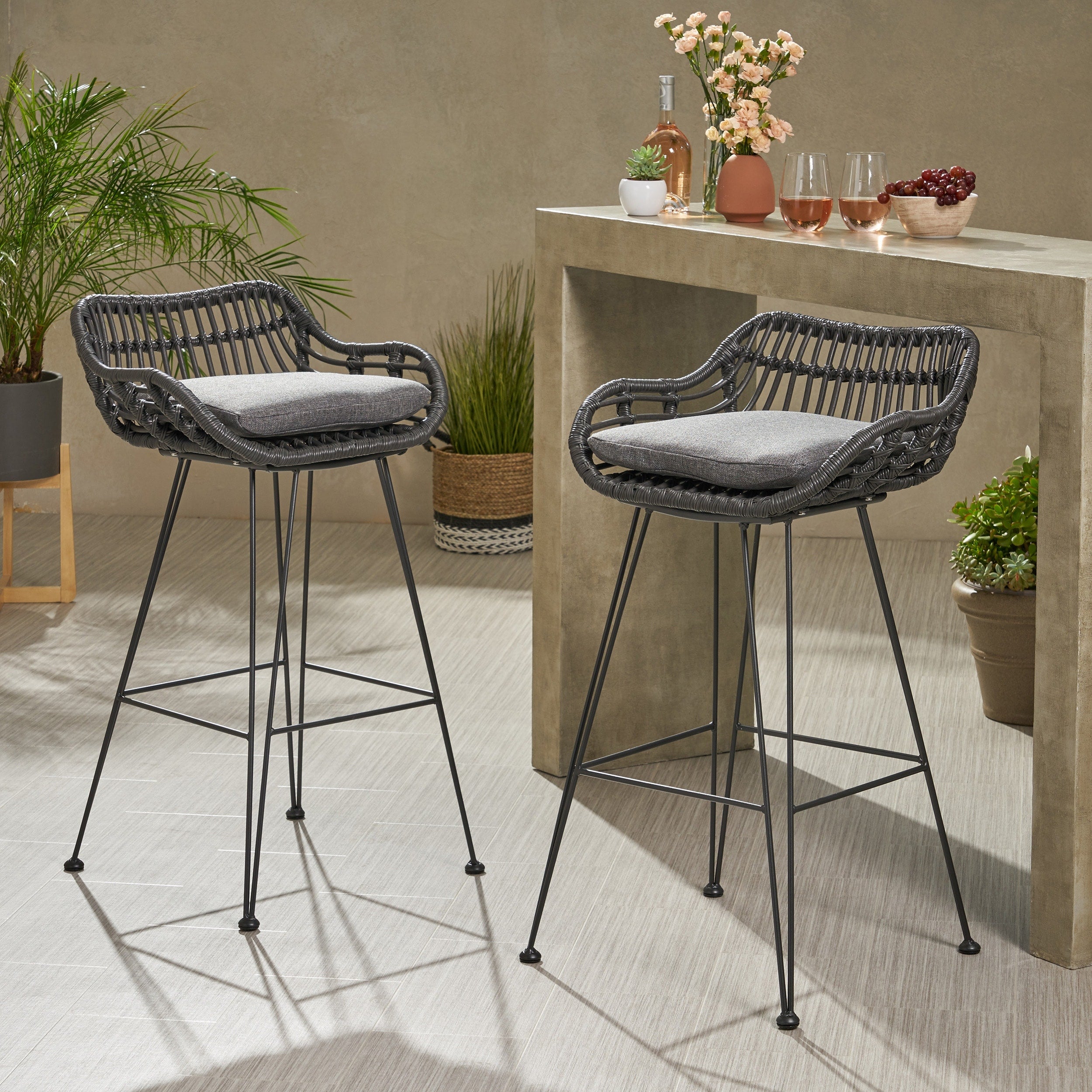 Dale Outdoor Wicker Barstools With Cushions Set Of 2 By Christopher Knight Home
