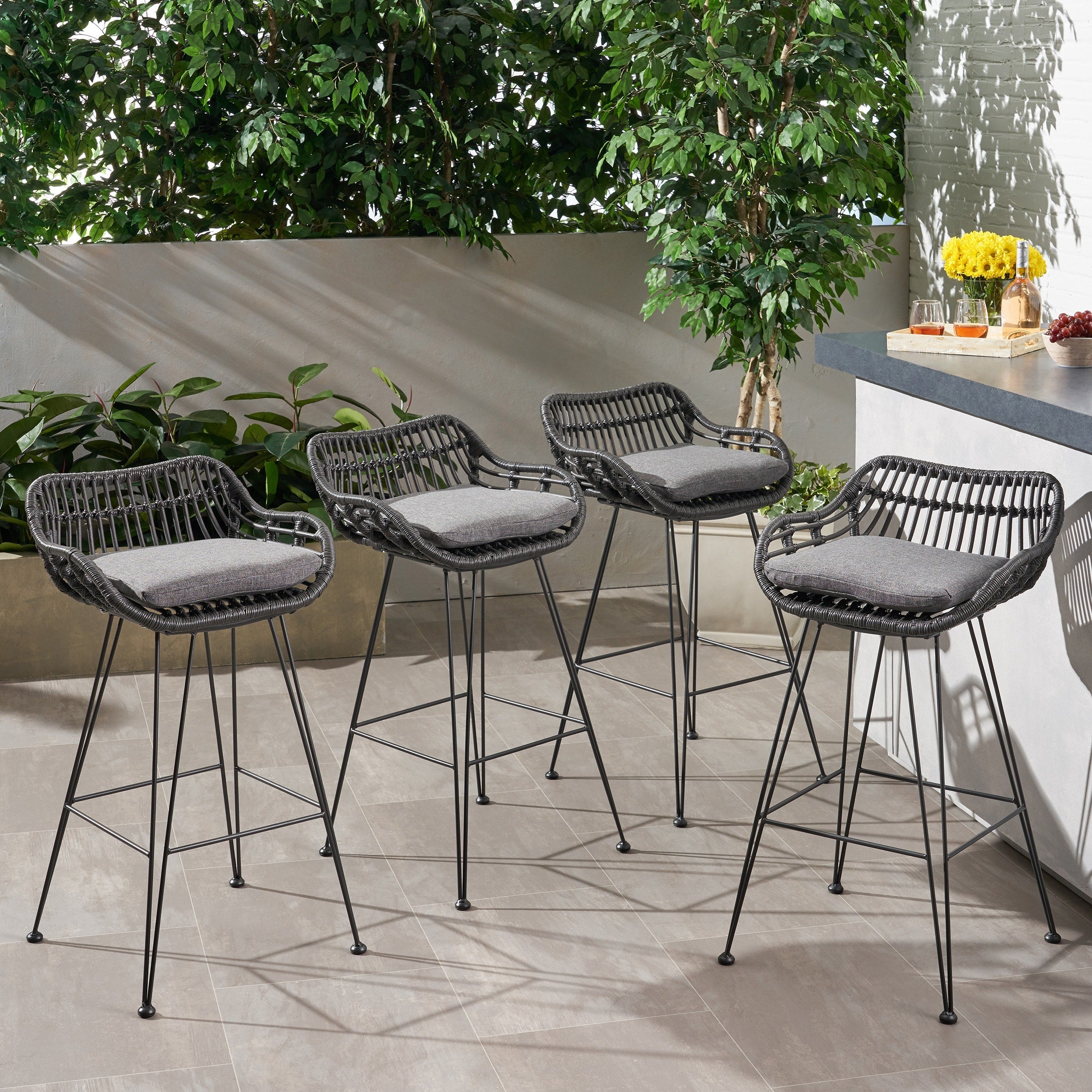 Dale Outdoor Wicker Barstools With Cushions Set Of 4 By Christopher Knight Home