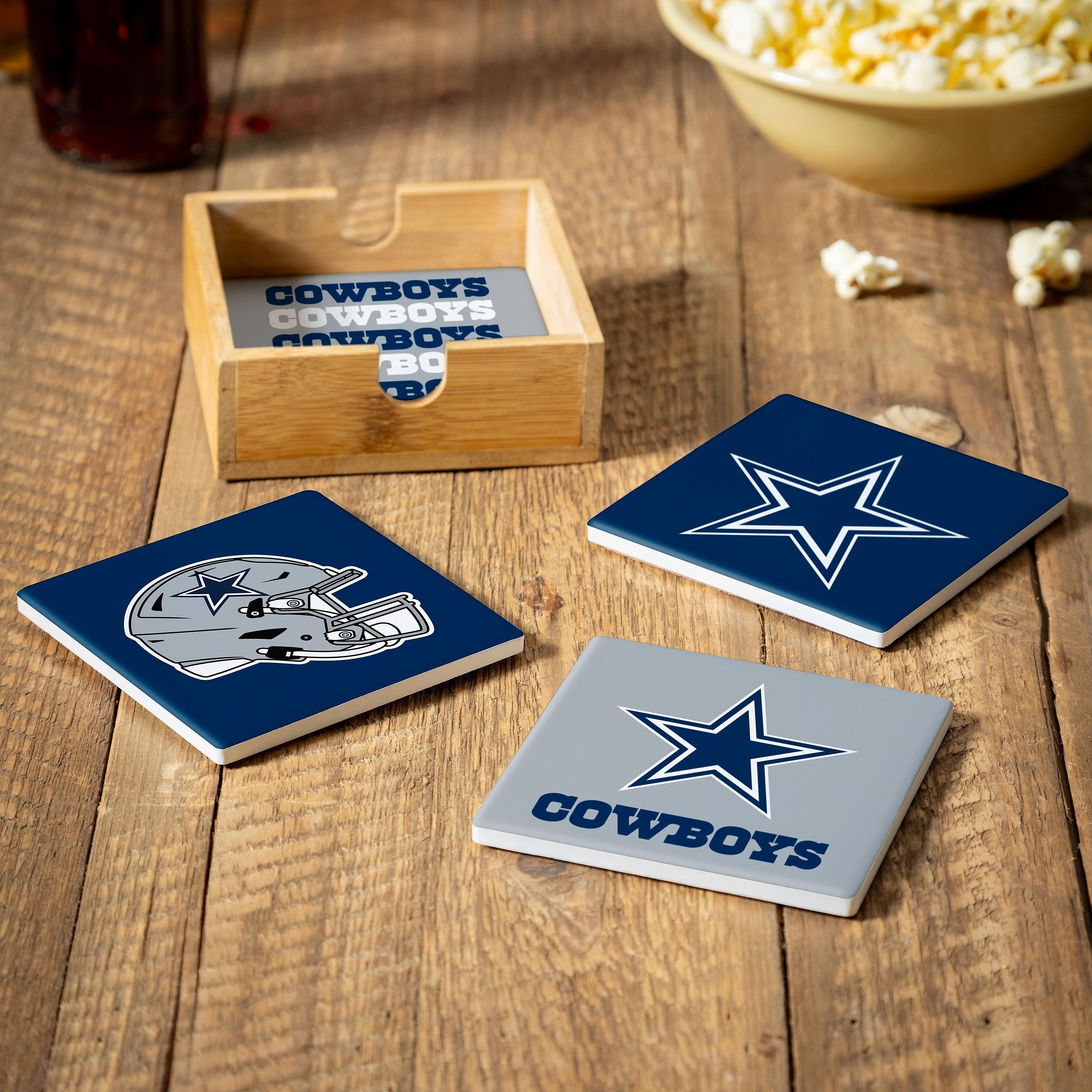 Dallas Cowboys 4 Piece Ceramic Coasters Set With Wood Caddy