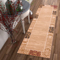 Well Woven Traditional Damask Floral Border Carved Texture Effect Beige Red Runner Rug 2 X 73