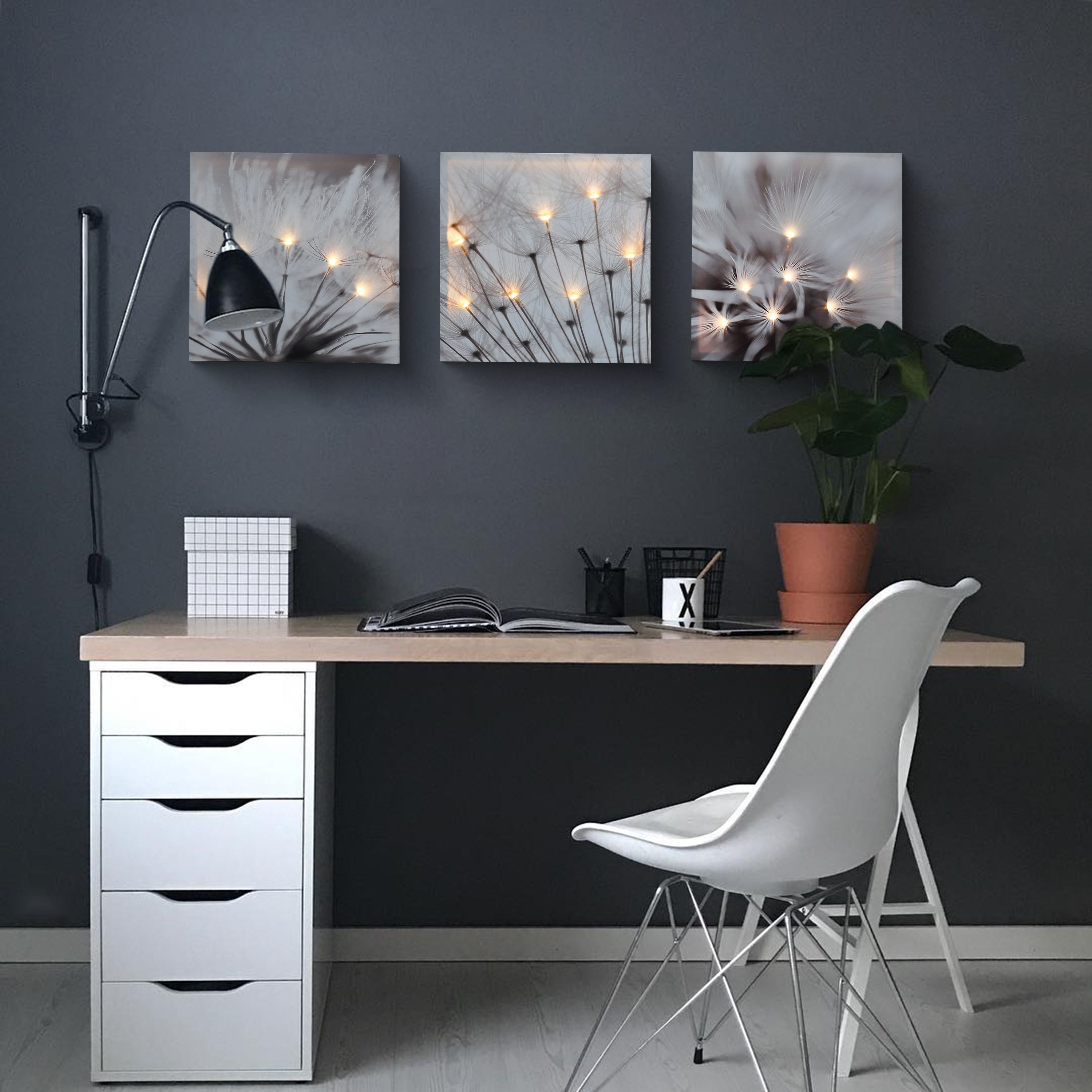 Set Of 3 Dandelion Prints With Led Lights Grey White
