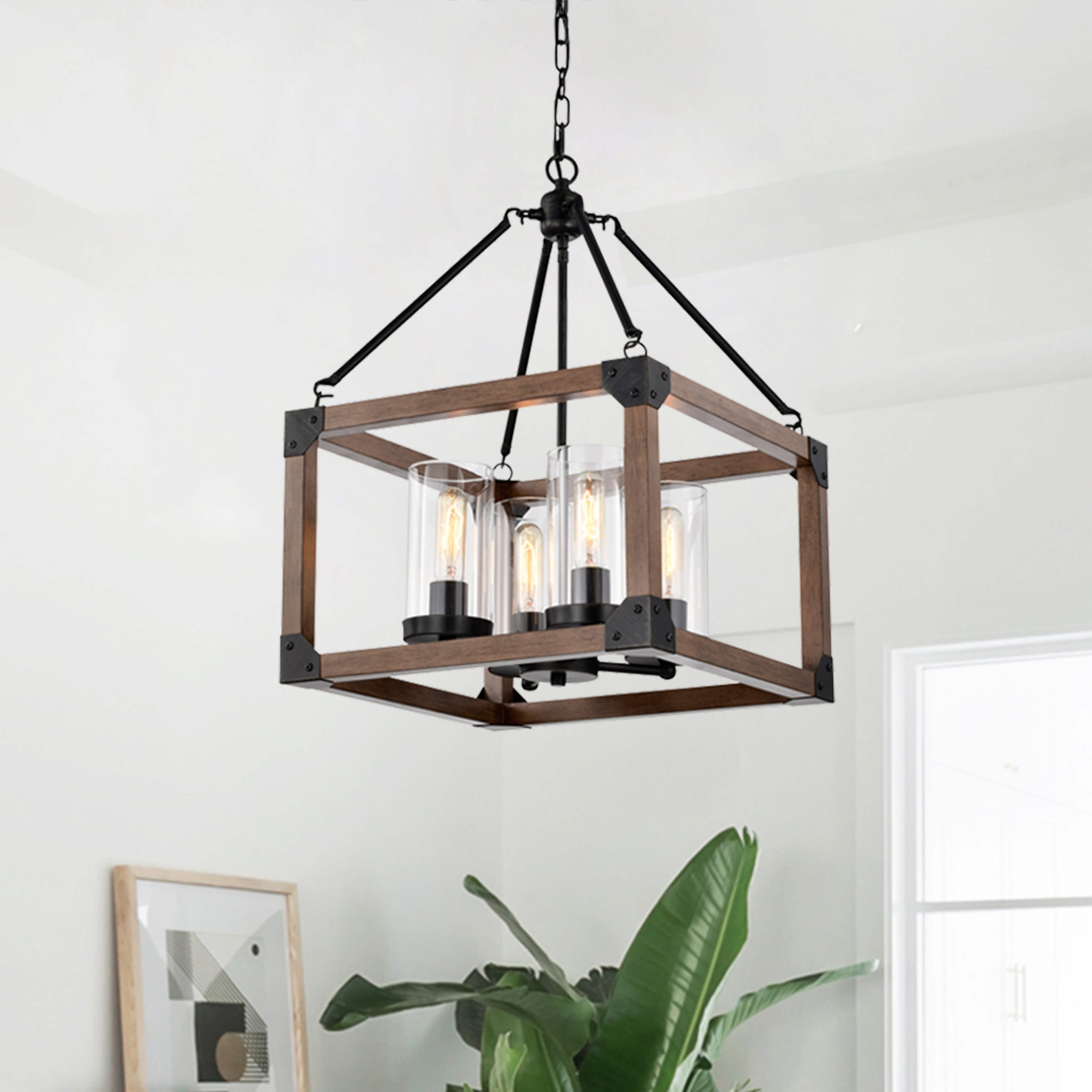 Daniela 3 Light Antique Black Wooden Cage Glass Cylinders Cage Pendant