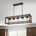 Daniela 5 Light Antique Black Metal And Natural Wood Glass Chandelier