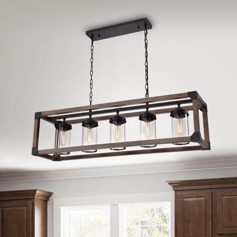 Daniela 5 Light Antique Black Metal And Natural Wood Glass Chandelier
