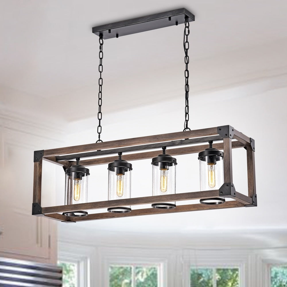 Daniela Antique Black Metal And Wood Bubble Glass Rectangular Pendant