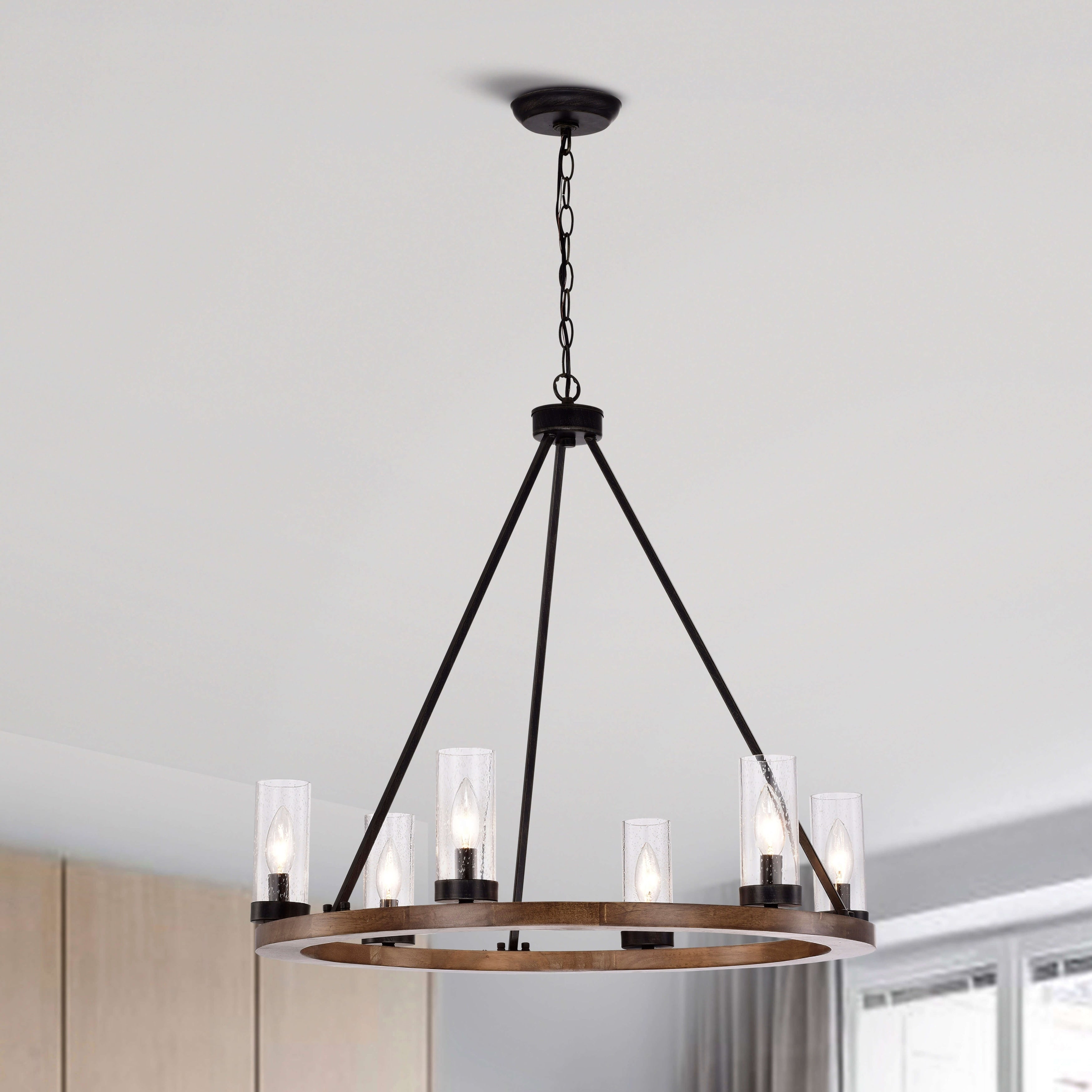 Daniela Natural Wood And Antique Black Metal Clear Glass Chandelier