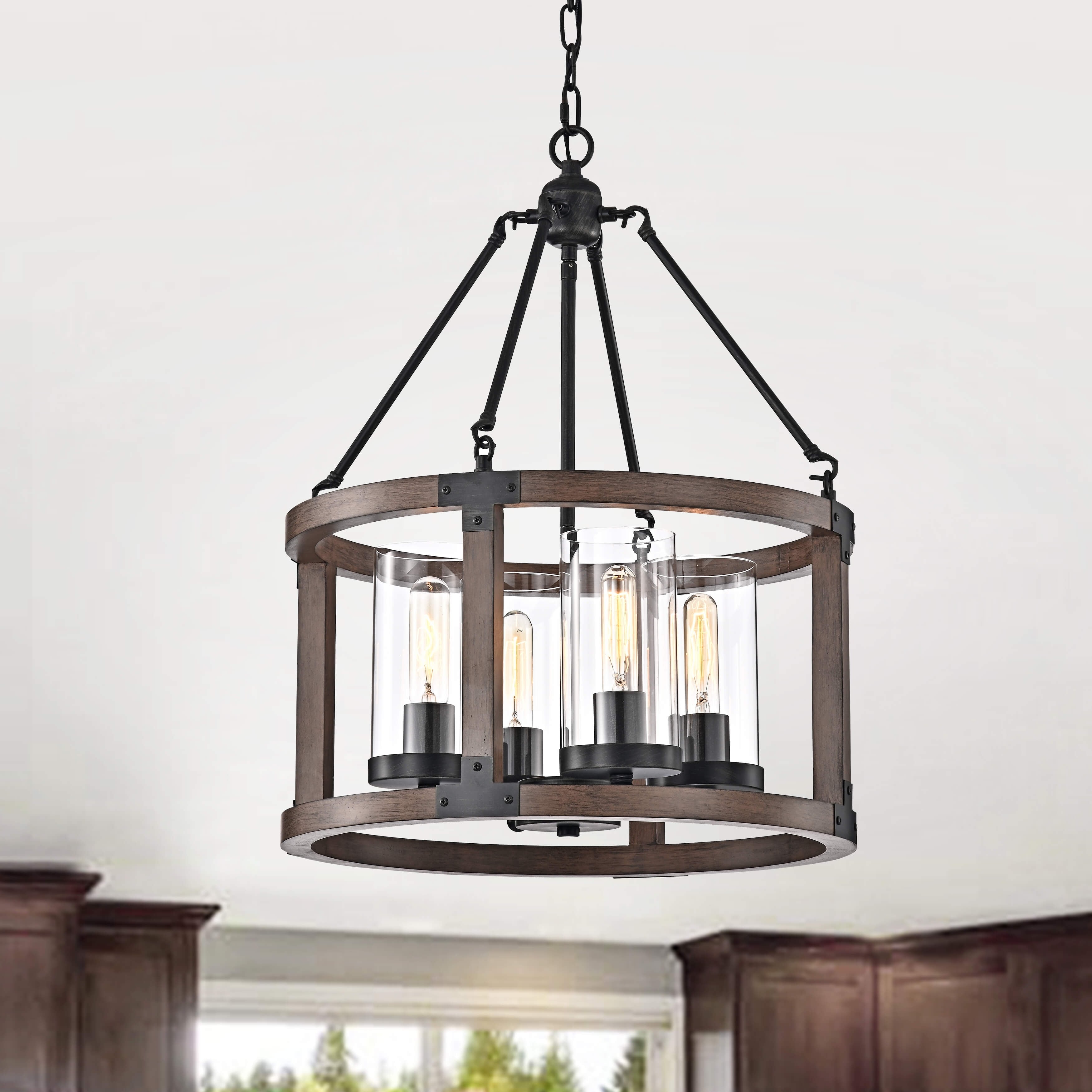 Daniela Pine Wood Drum Cage Glass Pendant With Antique Black Metal N A
