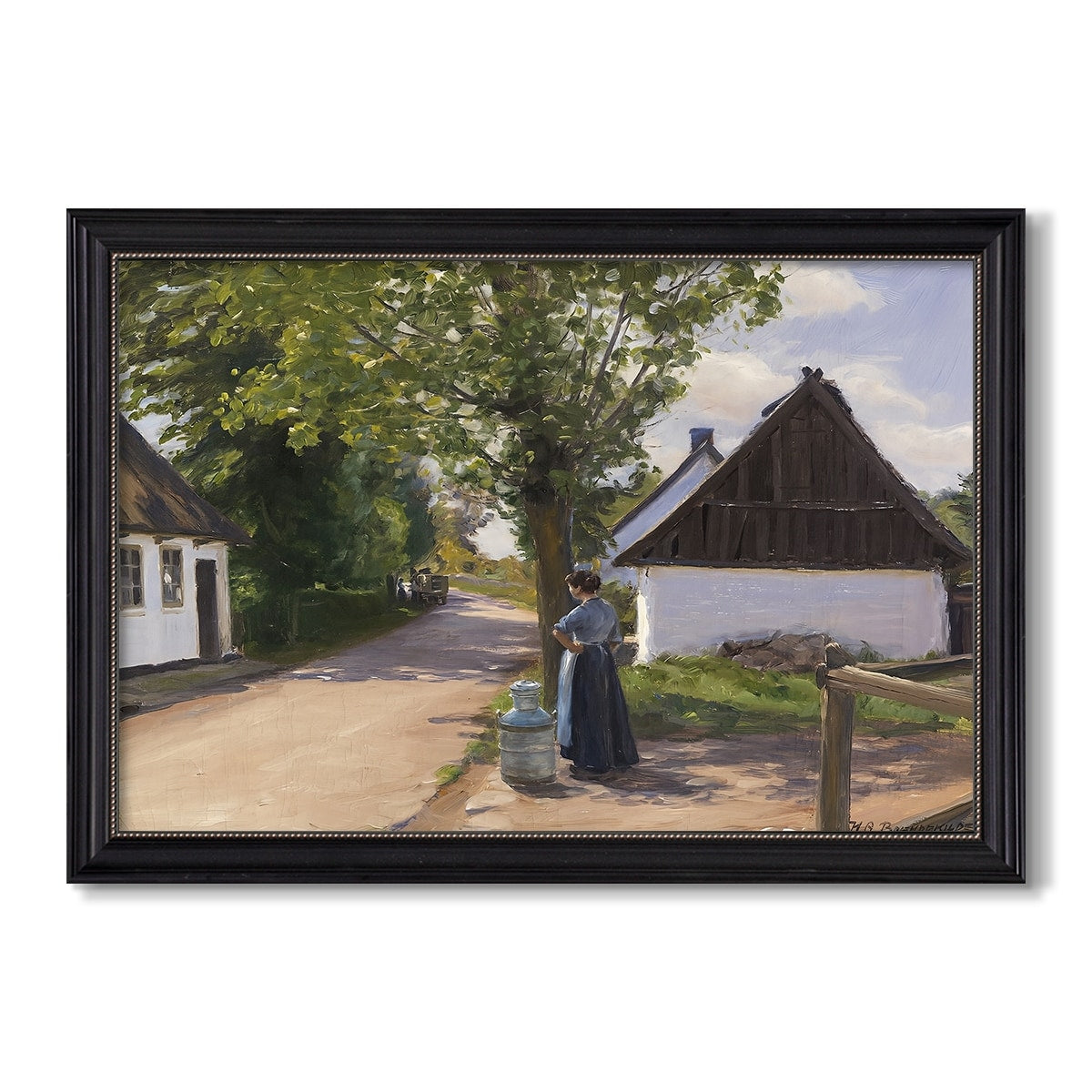 Danish Village Street With Woman And Milkman 1880 Hans Andersen Brendekilde Custom Framed Canvas