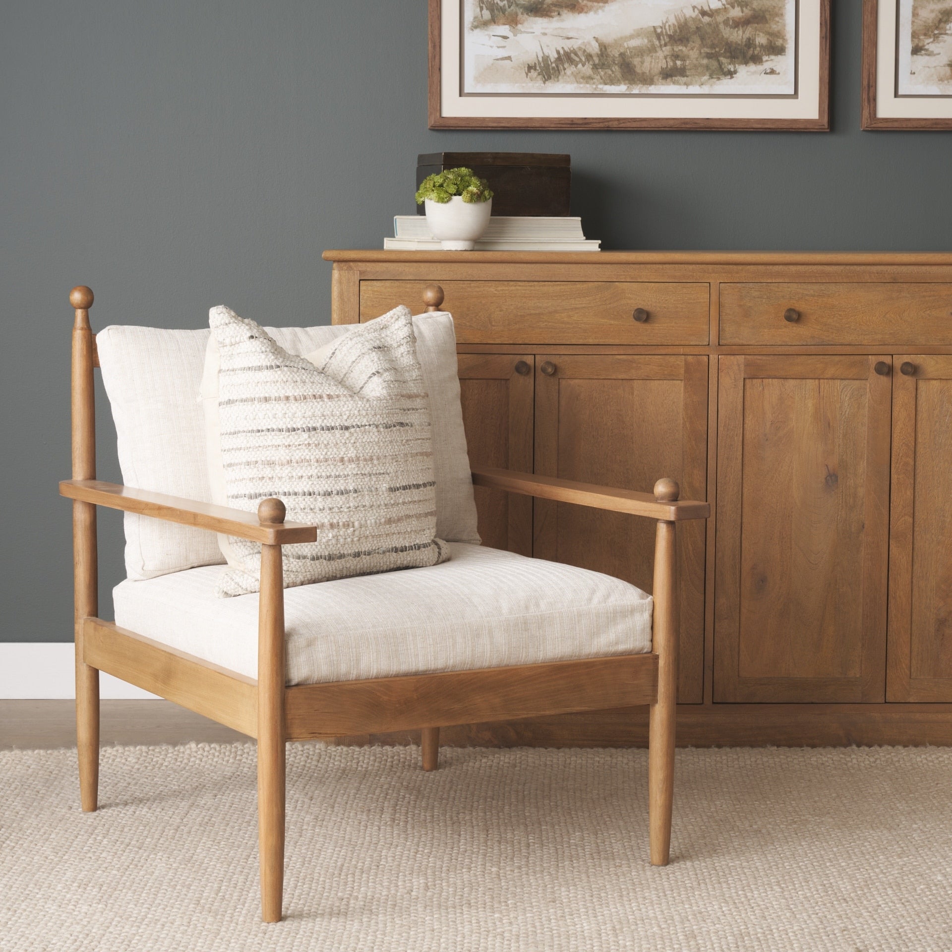 Danni Beige Fabric Beech Wood Framed Accent Lounge Chair