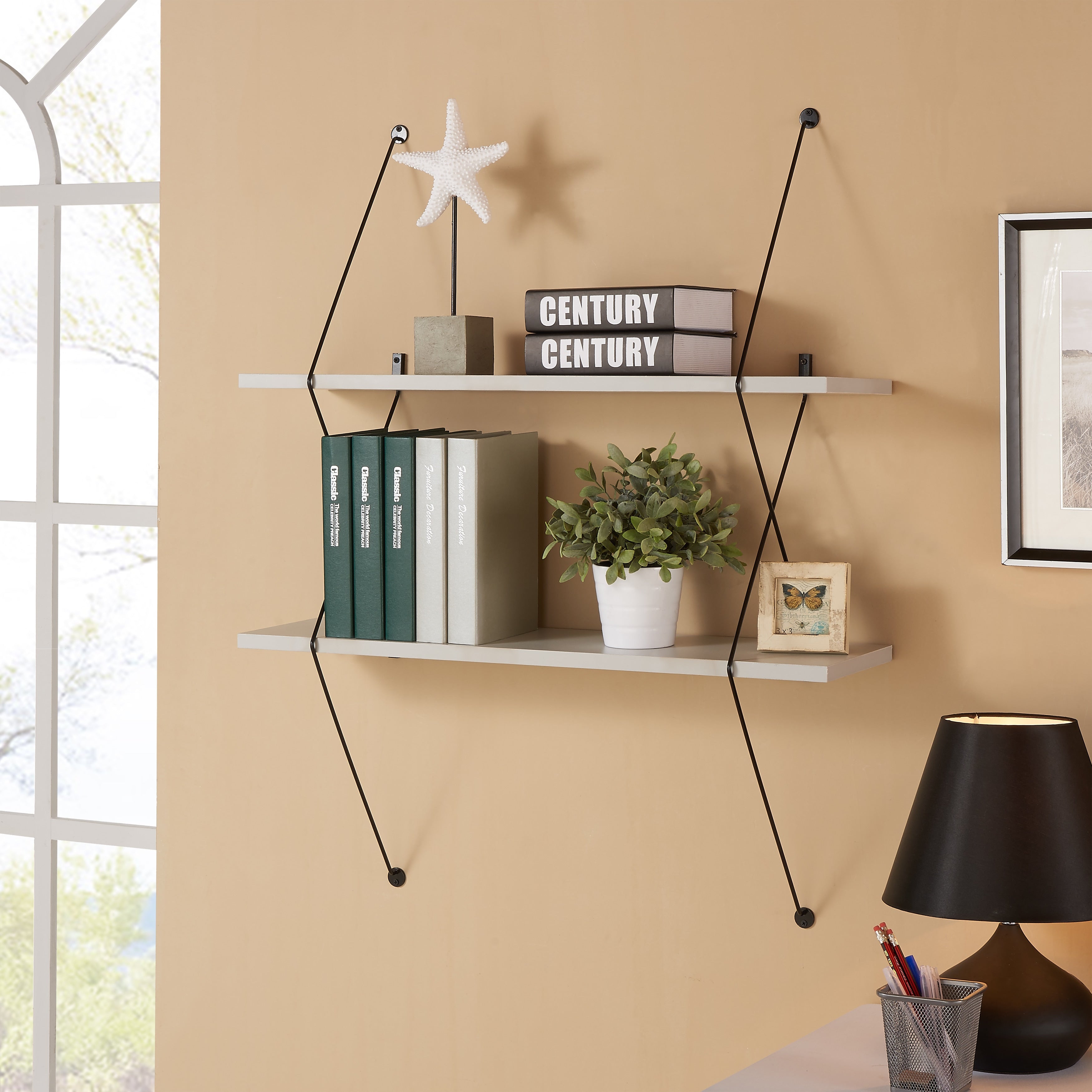 Danya B. Contemporary Two Level Grey Shelving System With Black Wire Brackets