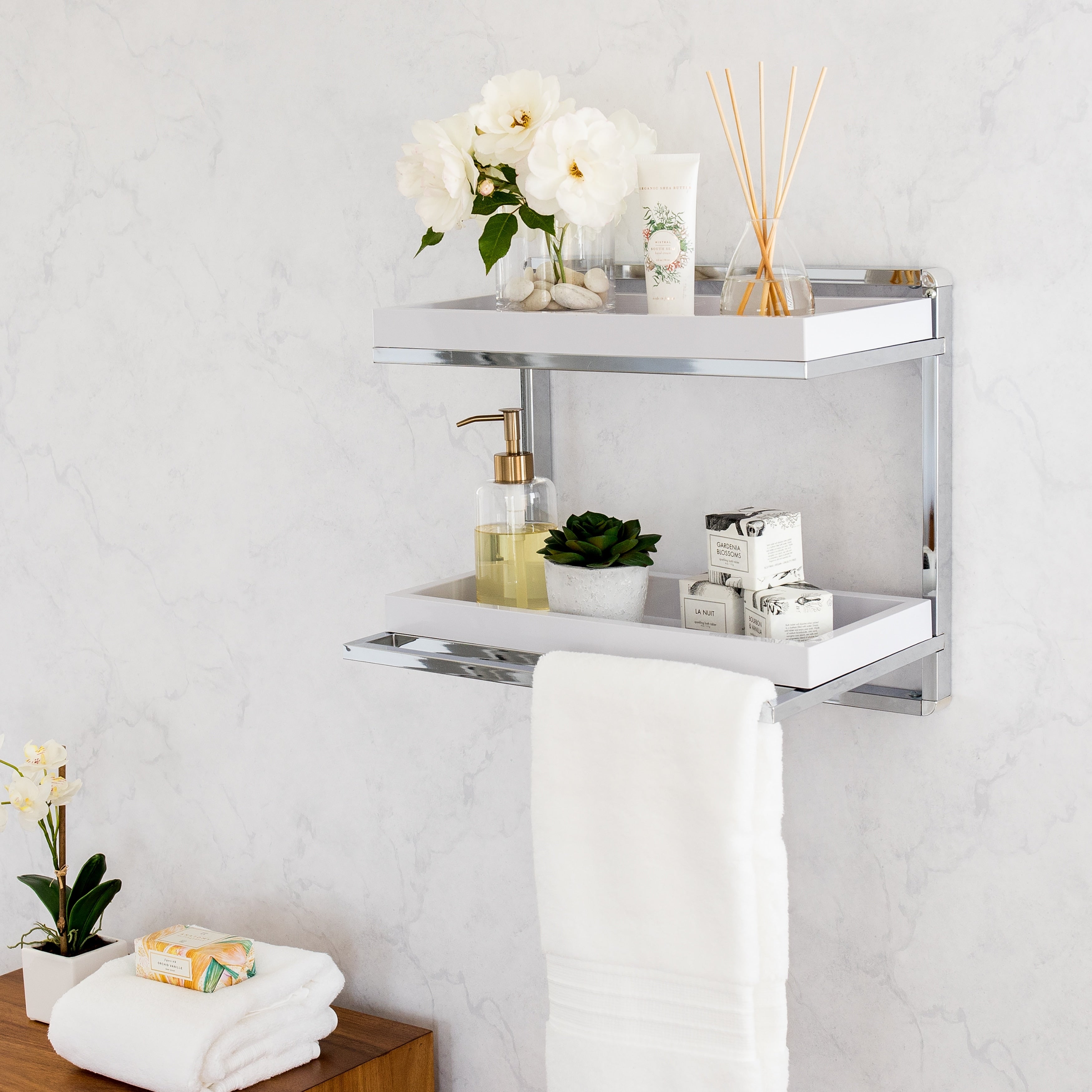 Danya B. Wall Mount 2 Tier Shelving Unit With Towel Rack