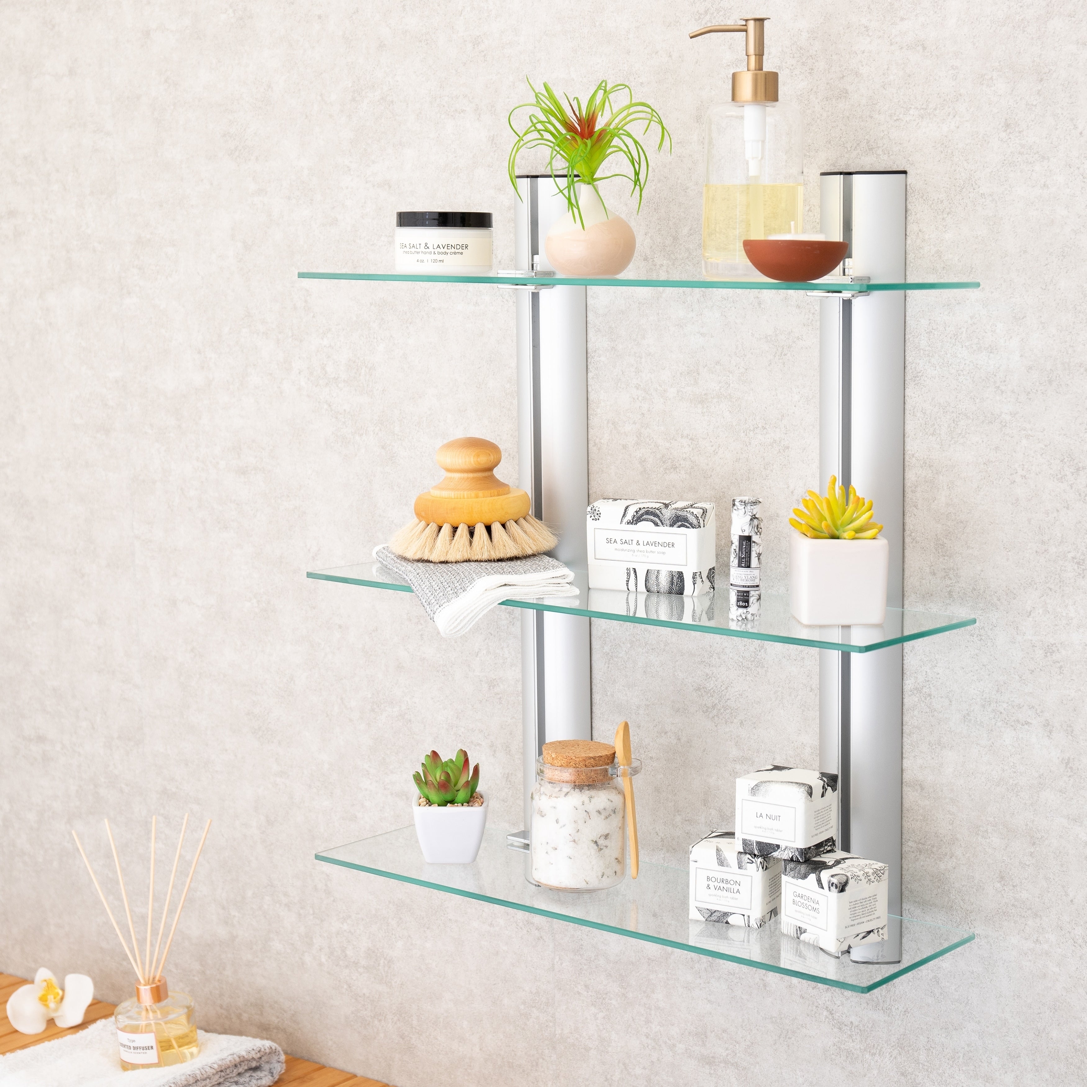 Danya B. Bathroom Shelving Unit Decorative Wall Mount 3 Tier Adjustable Glass Wall Shelves On Aluminum Bars