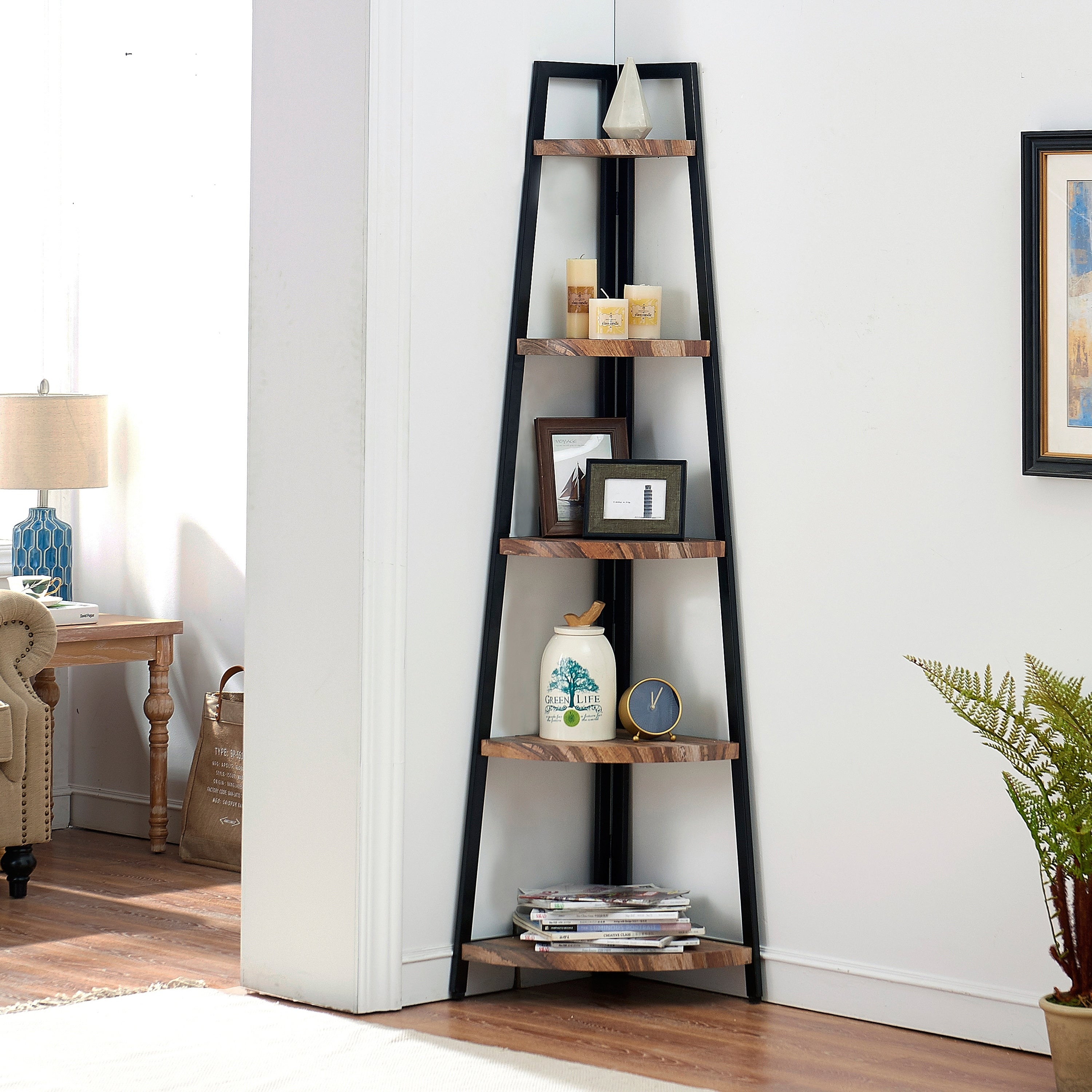 Danya B. Free Standing Industrial Corner Shelf In Distressed Wood