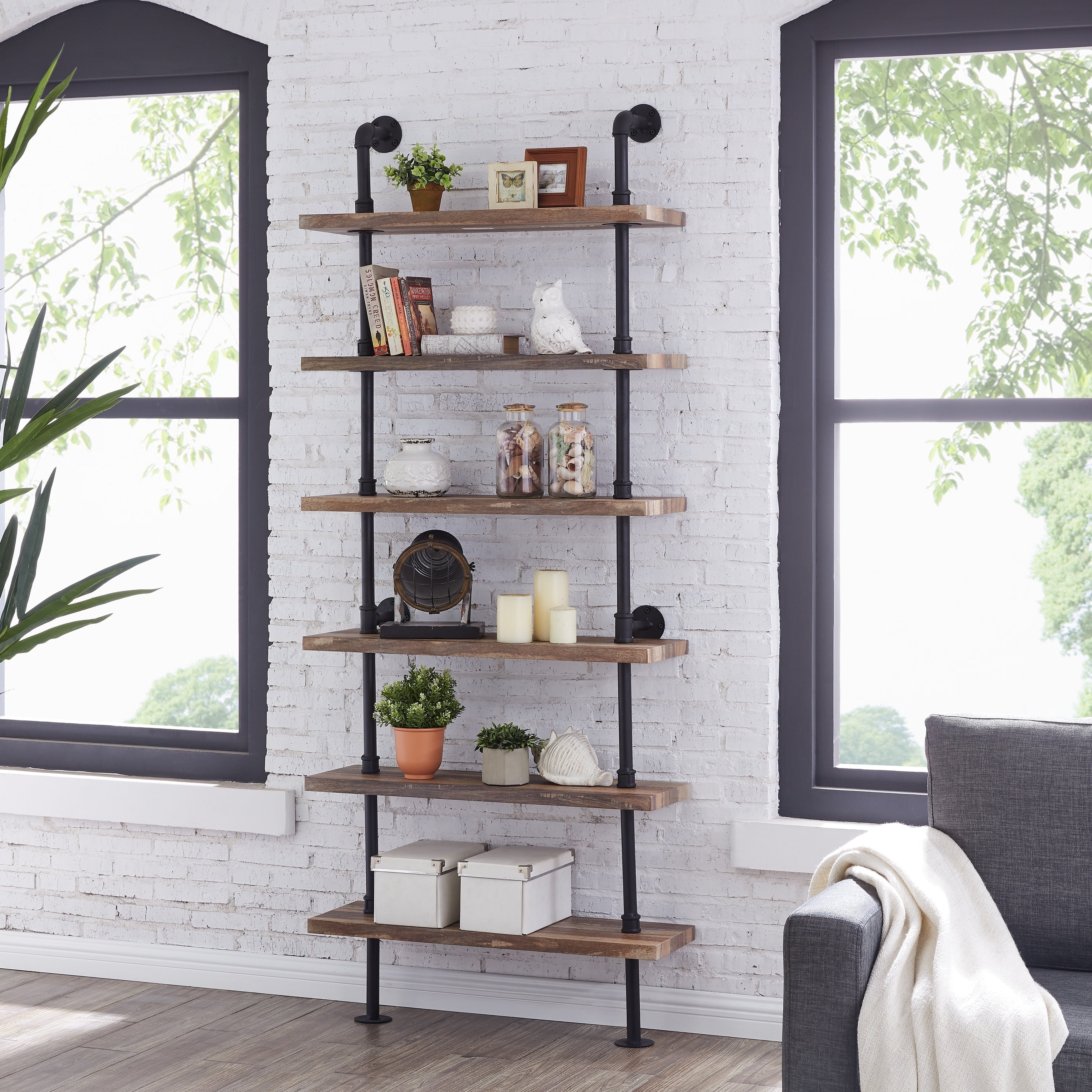 Danya B. Industrial Pipe Wall Ladder Shelving Unit In Distressed Wood
