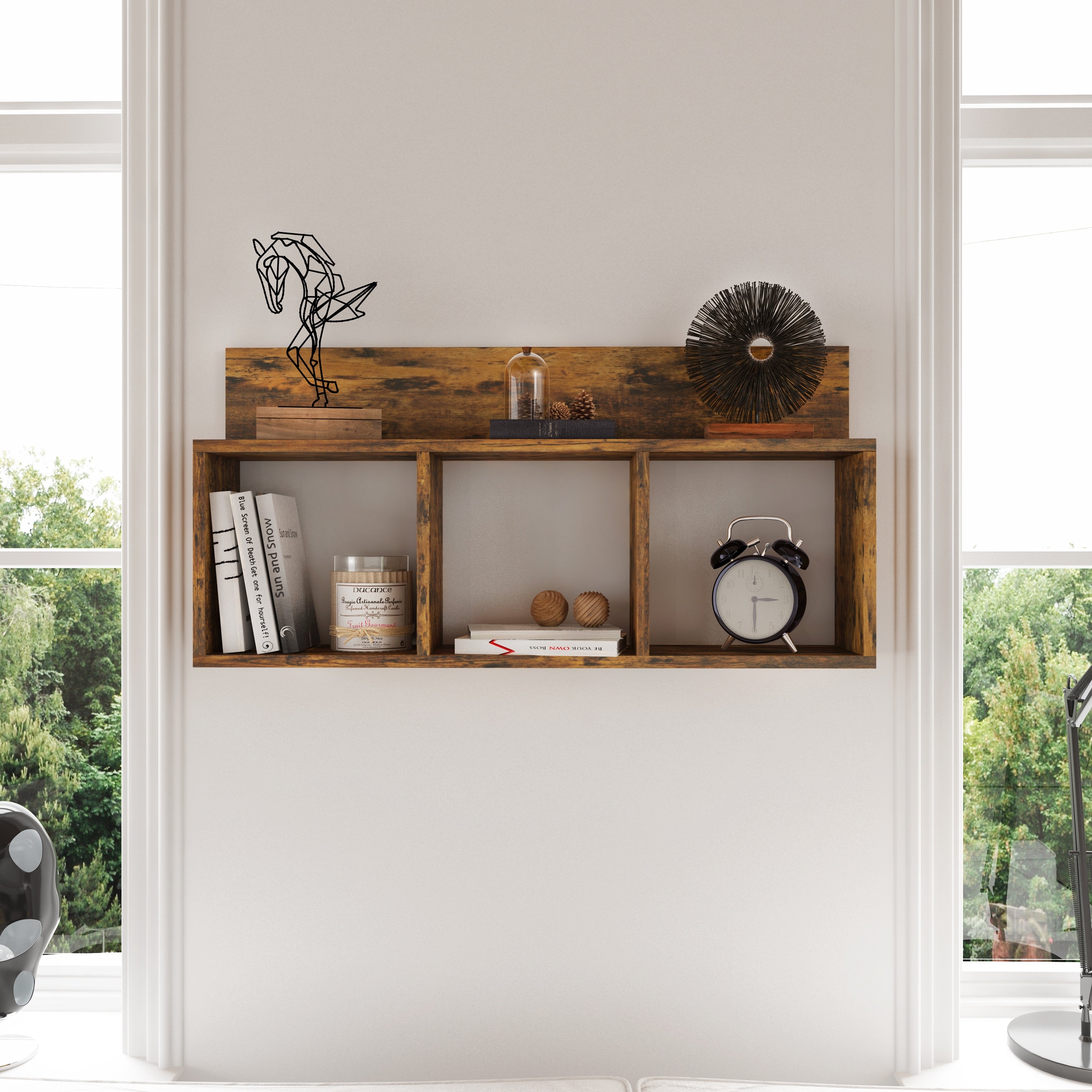 Rustic Triple Cubed Floating Cubbie Shelf Aged Wood