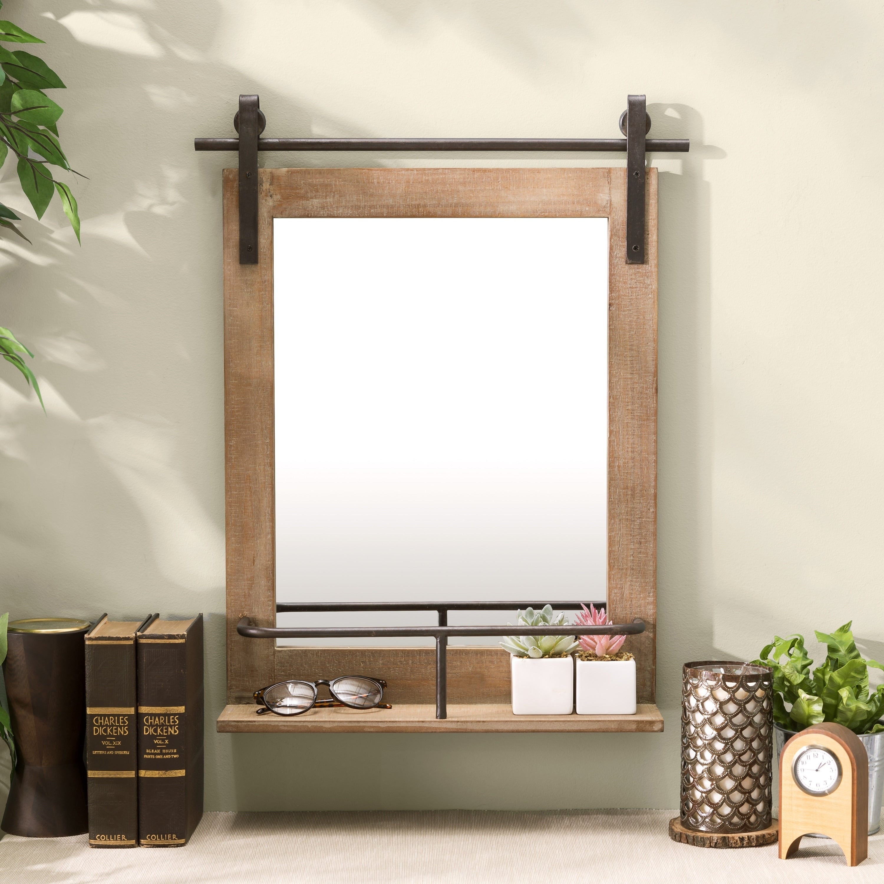 Danya B. Rustic Industrial Wall Barn Door Vanity Mirror With Shelf