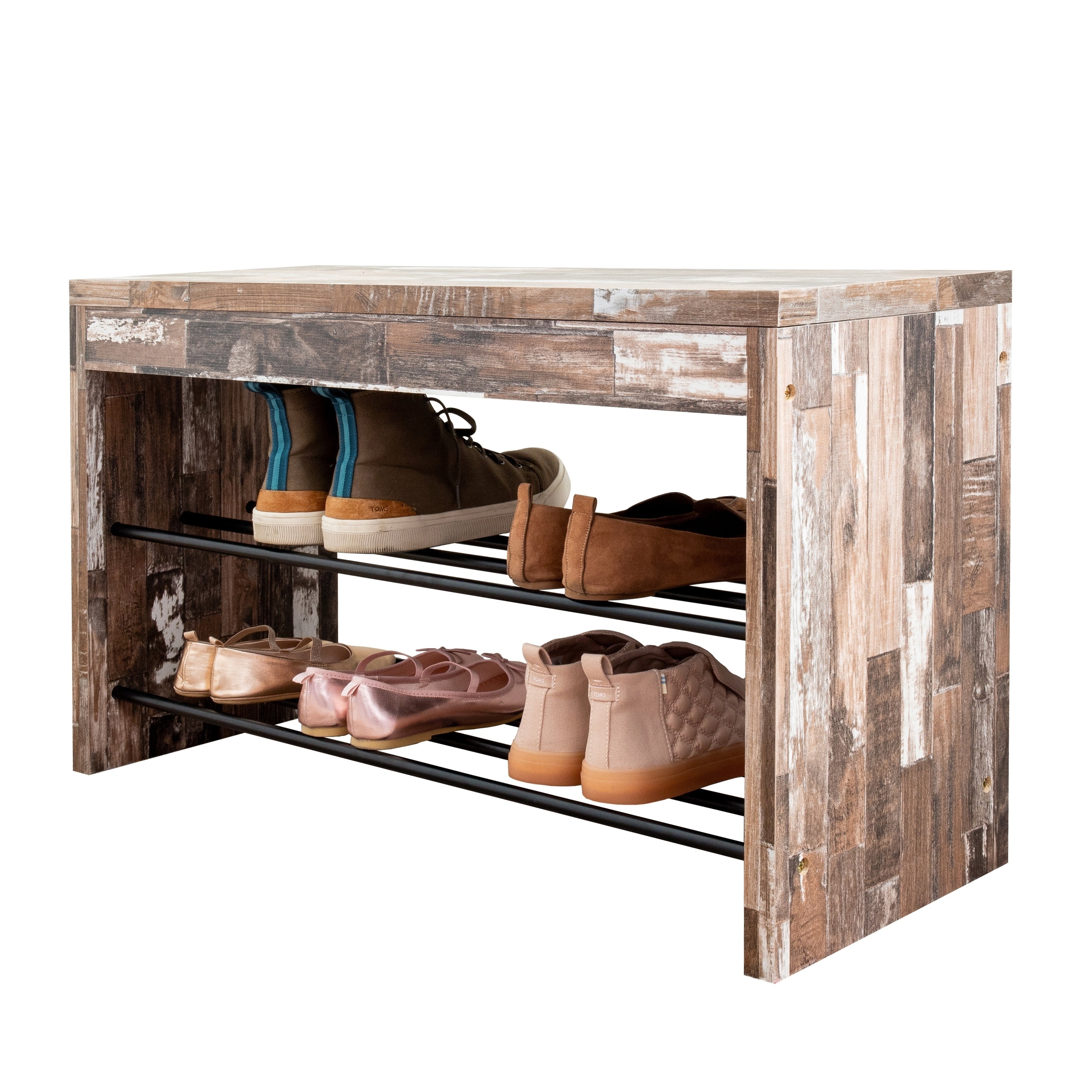 Danya B. Two Tier Industrial Shoe Bench In Distressed Wood Finish