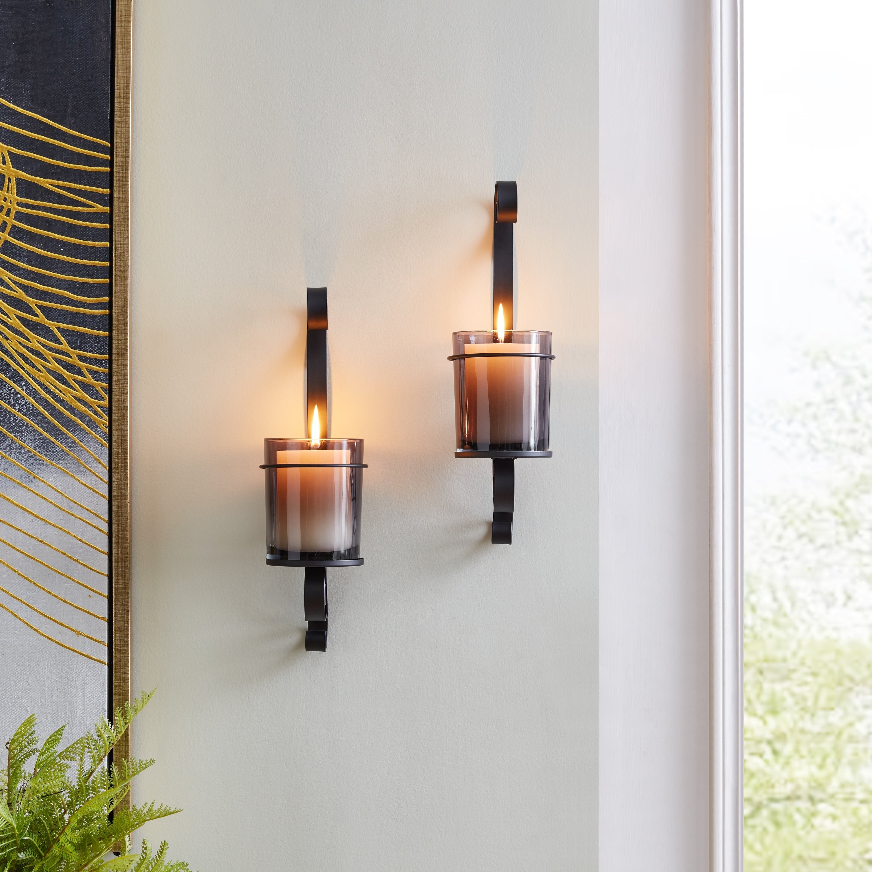 Danya B. Vintage Black Wall Sconce Candle Holder Set 2 With Smoke Glass Hurricanes