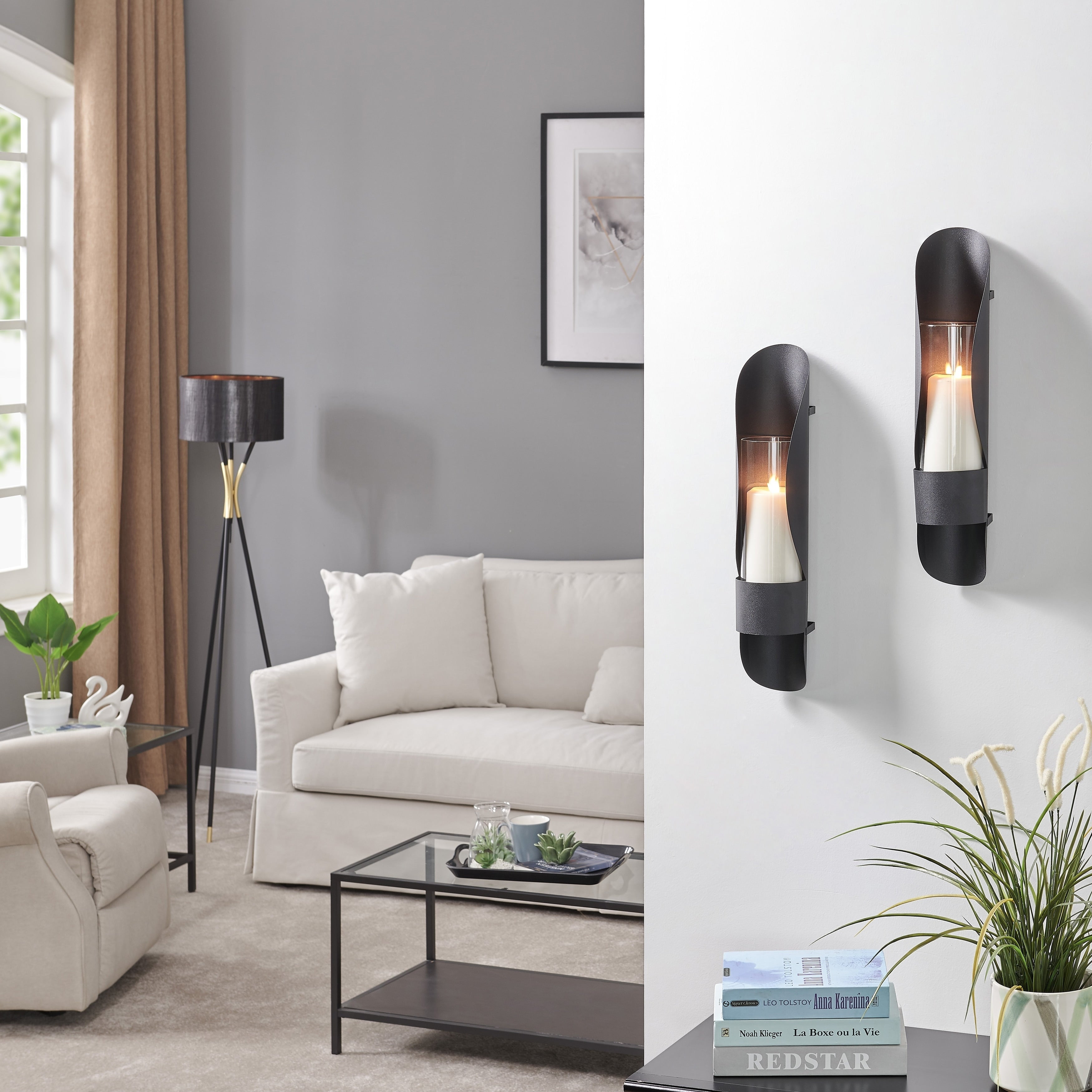 Danya B. Wall Mount Hugging Metal Candle Sconces With Glass Inserts Set Of 2 Black