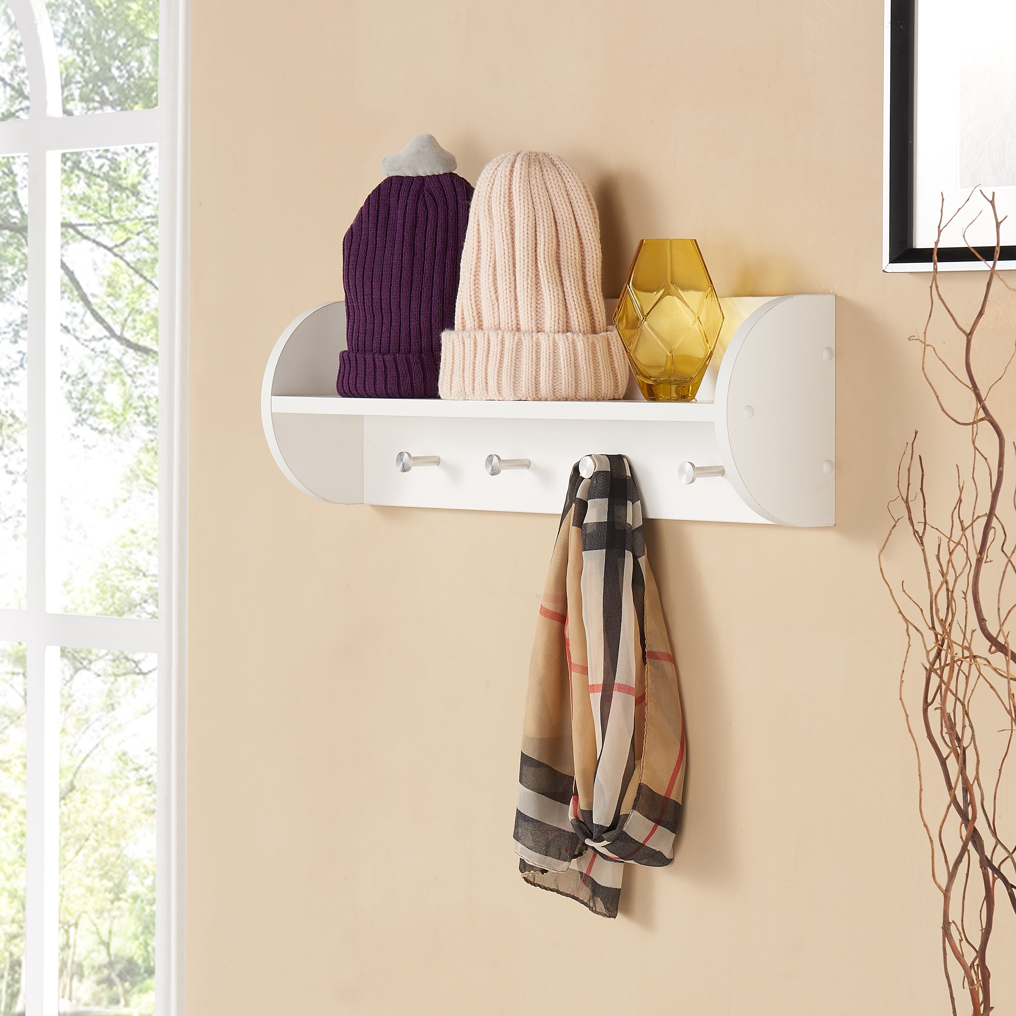 Danya B. White Utility Shelf With Four Large Stainless Steel Hooks