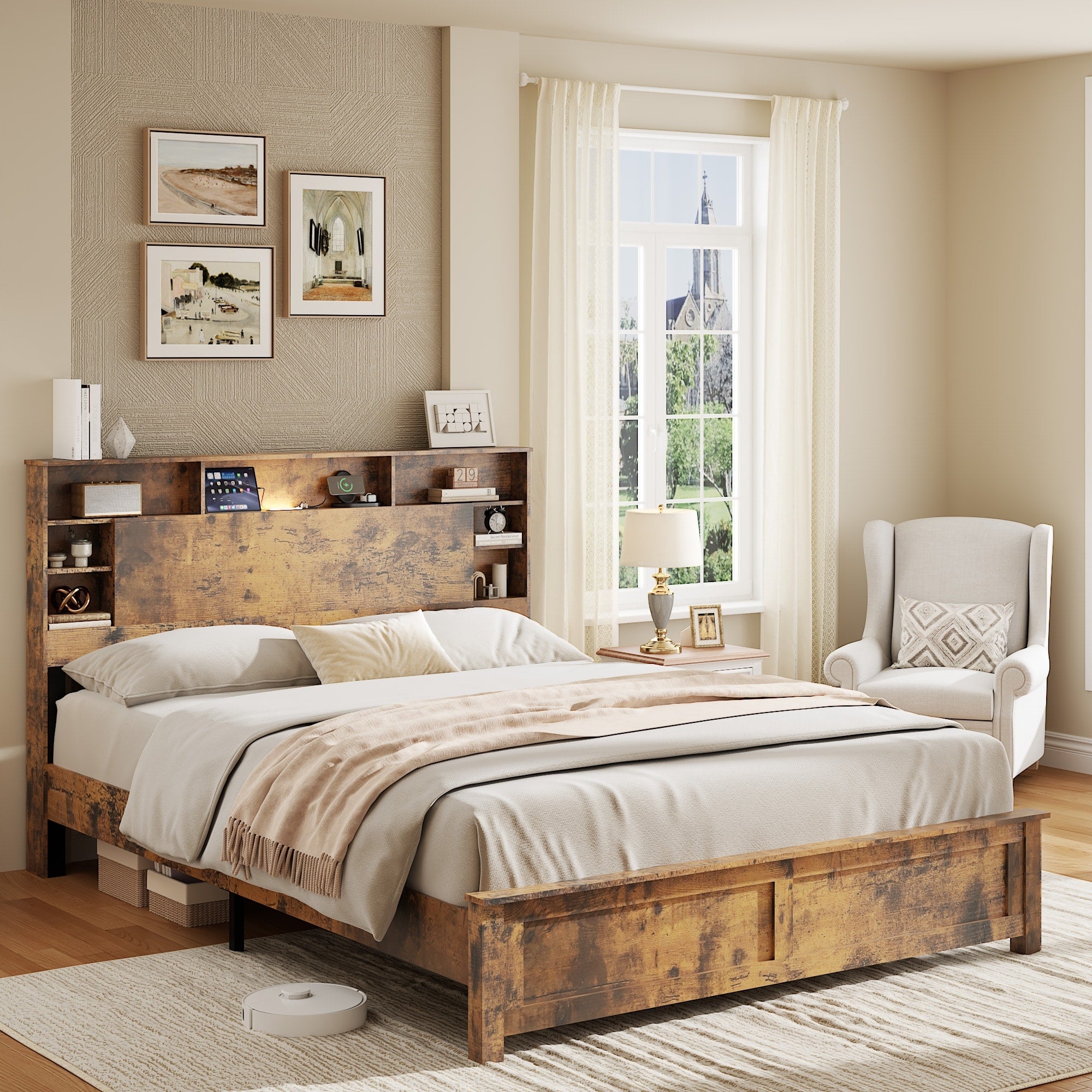 Dark Brown Queen Bed Frame With Storage Headboard Led Lights
