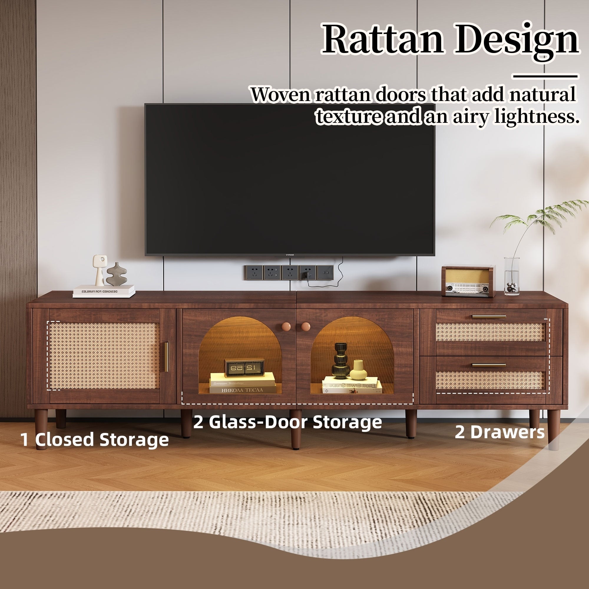 Dark Brown Tv Stand For Tvs Up To 80 Entertainment Center With App Controlled Led Lights Pe Rattan Doors Media Cabinet