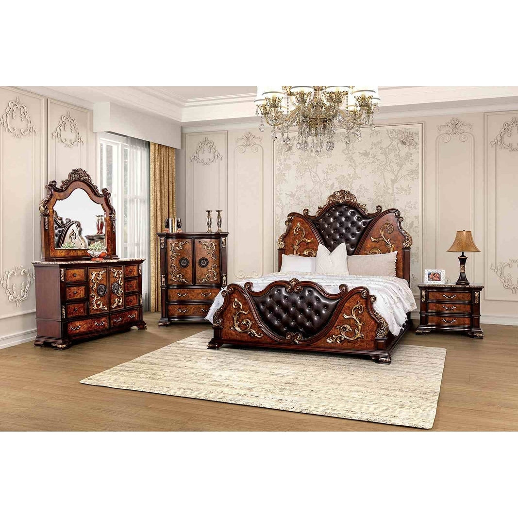 Dark Cherry Finish Royal Tufted Designer Bedroom Furniture Set