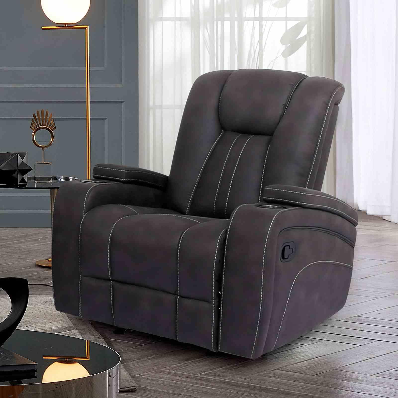Dark Gray Glider Seat Recliner Channel Back Cup Holder Lift Up Storage 1Pc