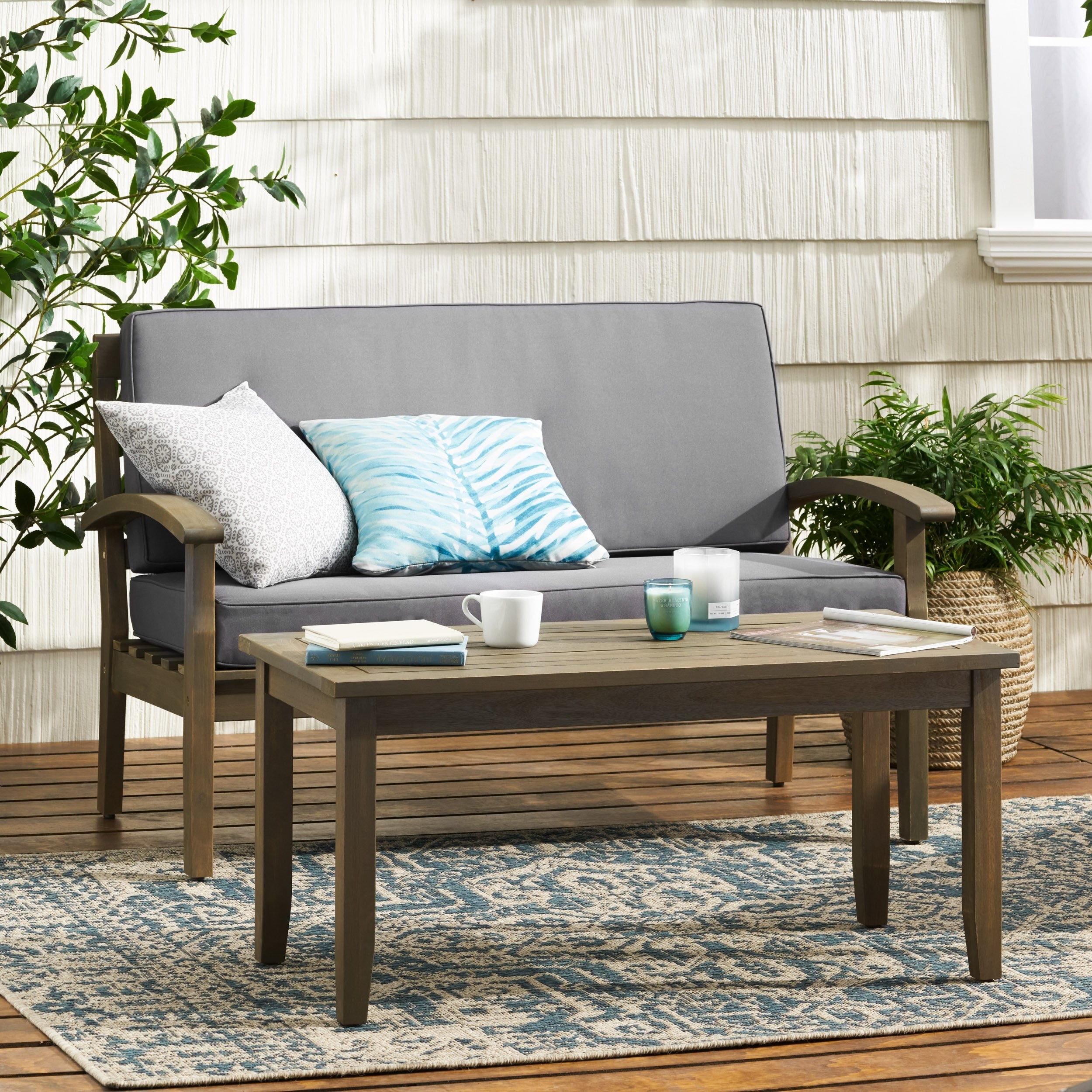 Dark Gray Outdoor Loveseat And Coffee Table Set With Cushion Patio Conversation Set For Backyard Poolside