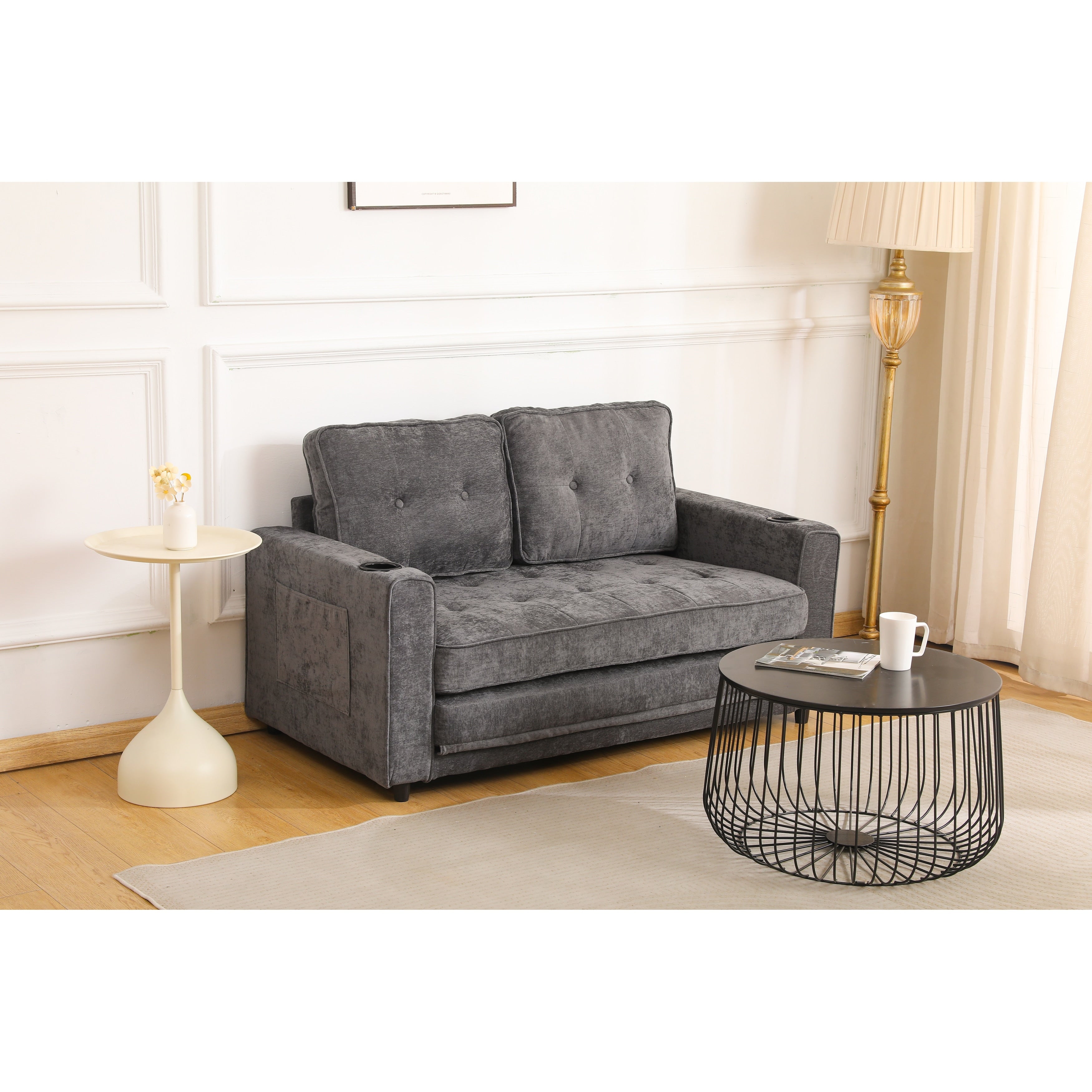 Dark Gray Pull Out Sofa Bed Convertible Loveseat Sleeper Sofa Couch With Storage Bags For Living Room
