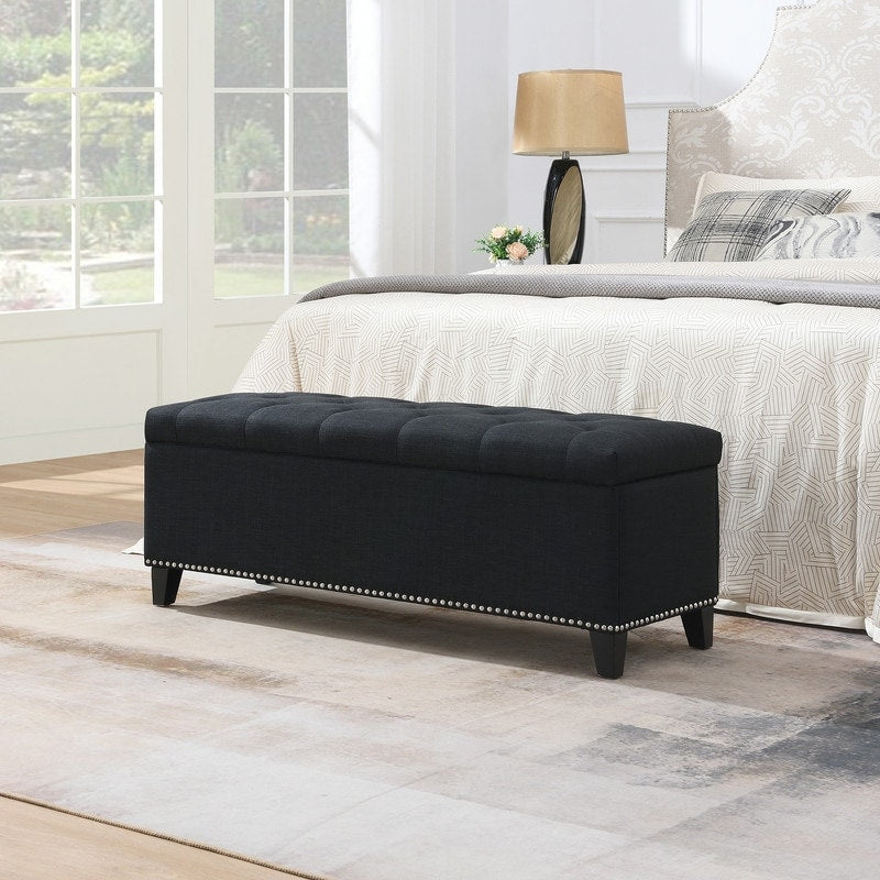 Linen Tufted Storage Ottoman With Safety Hinge 47.5 X16.5 X16.25