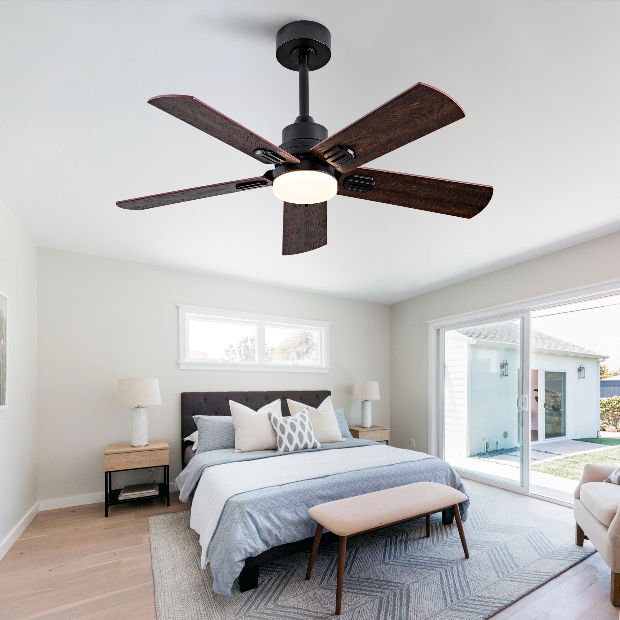 Dark Walnut Flush Mount Ceiling Fan With Dimmable Light