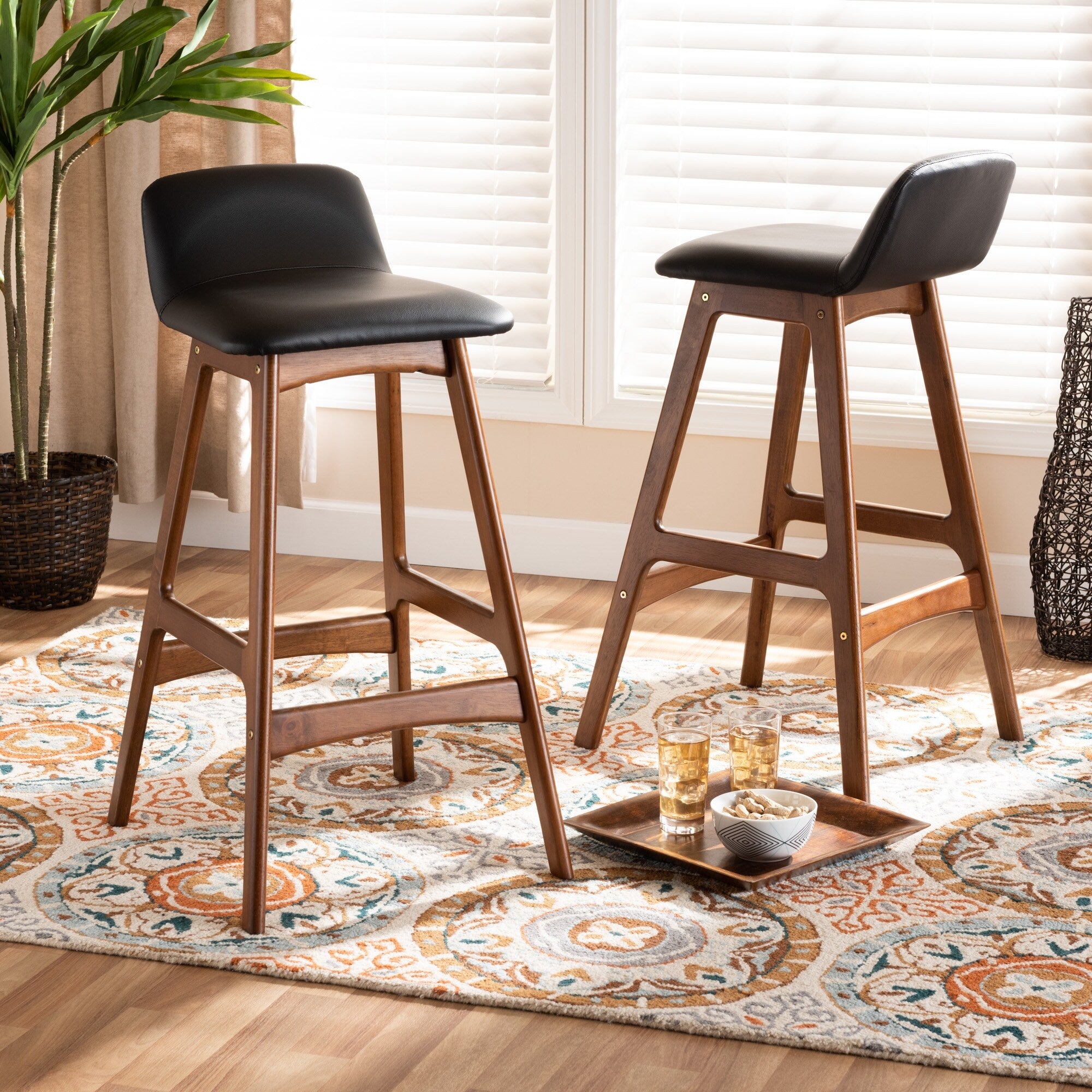 Darrin Black Faux Leather And Walnut Brown Wood 2 Pc Bar Stool Set